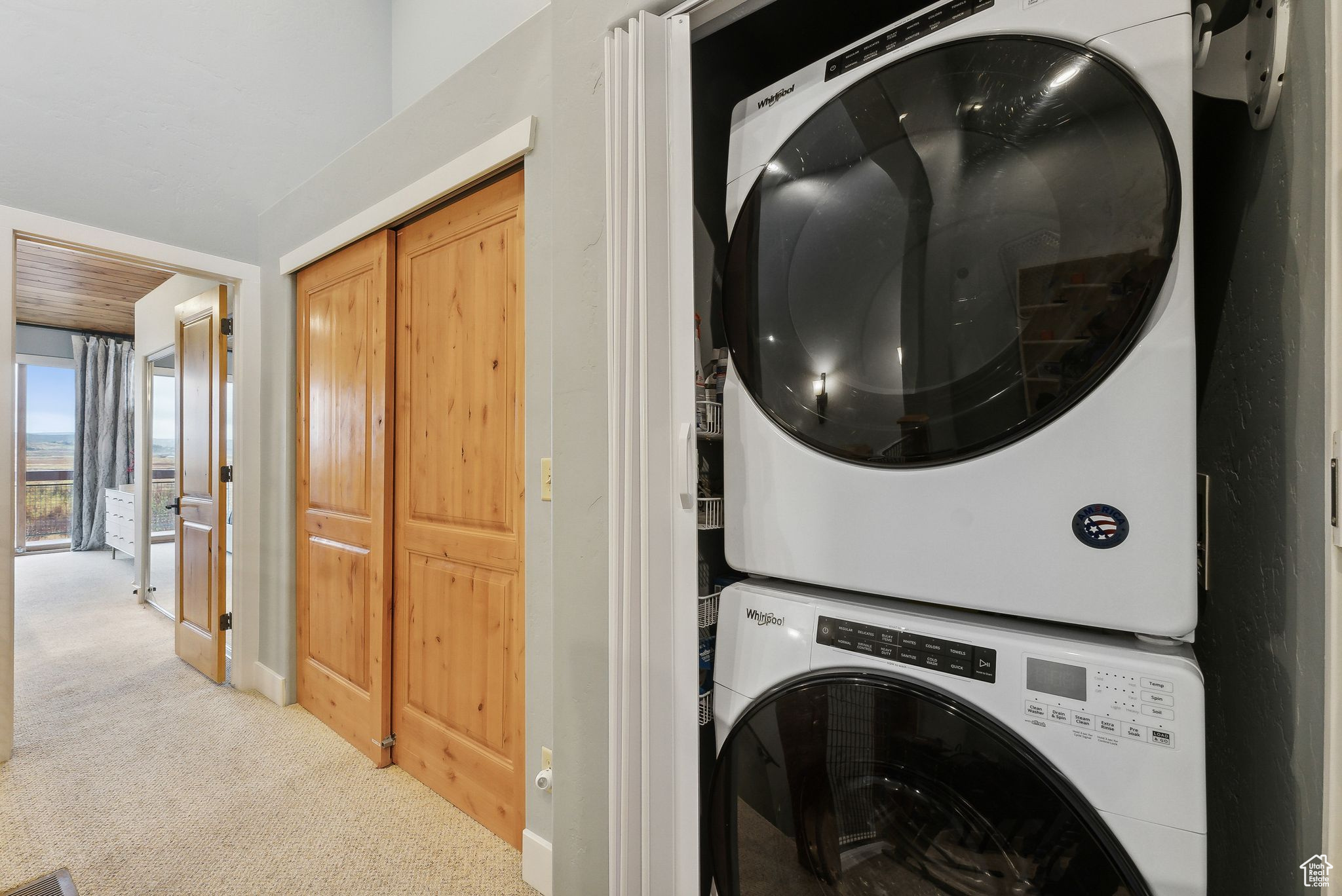 Laundry area with light colored carpet and stacked washer and clothes dryer