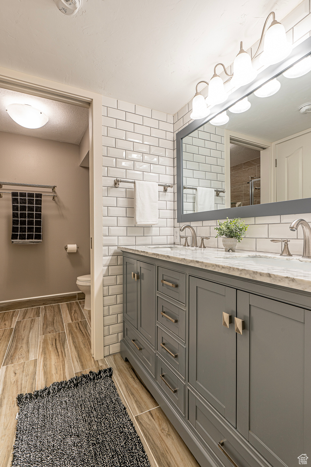 Bathroom with vanity, toilet, wood-type flooring, and backsplash