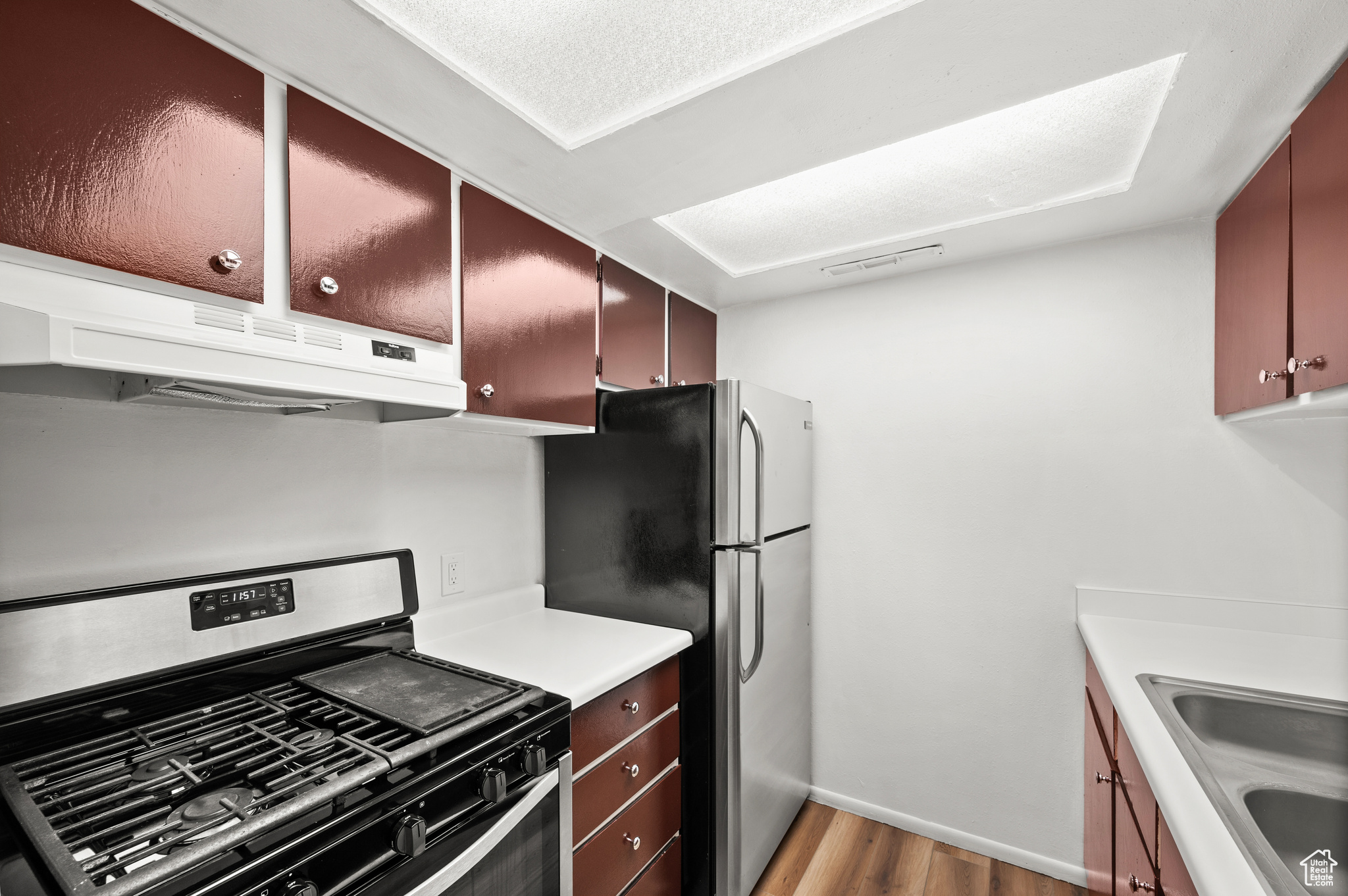 Kitchen with sink, exhaust hood, appliances with stainless steel finishes, and light wood-type flooring