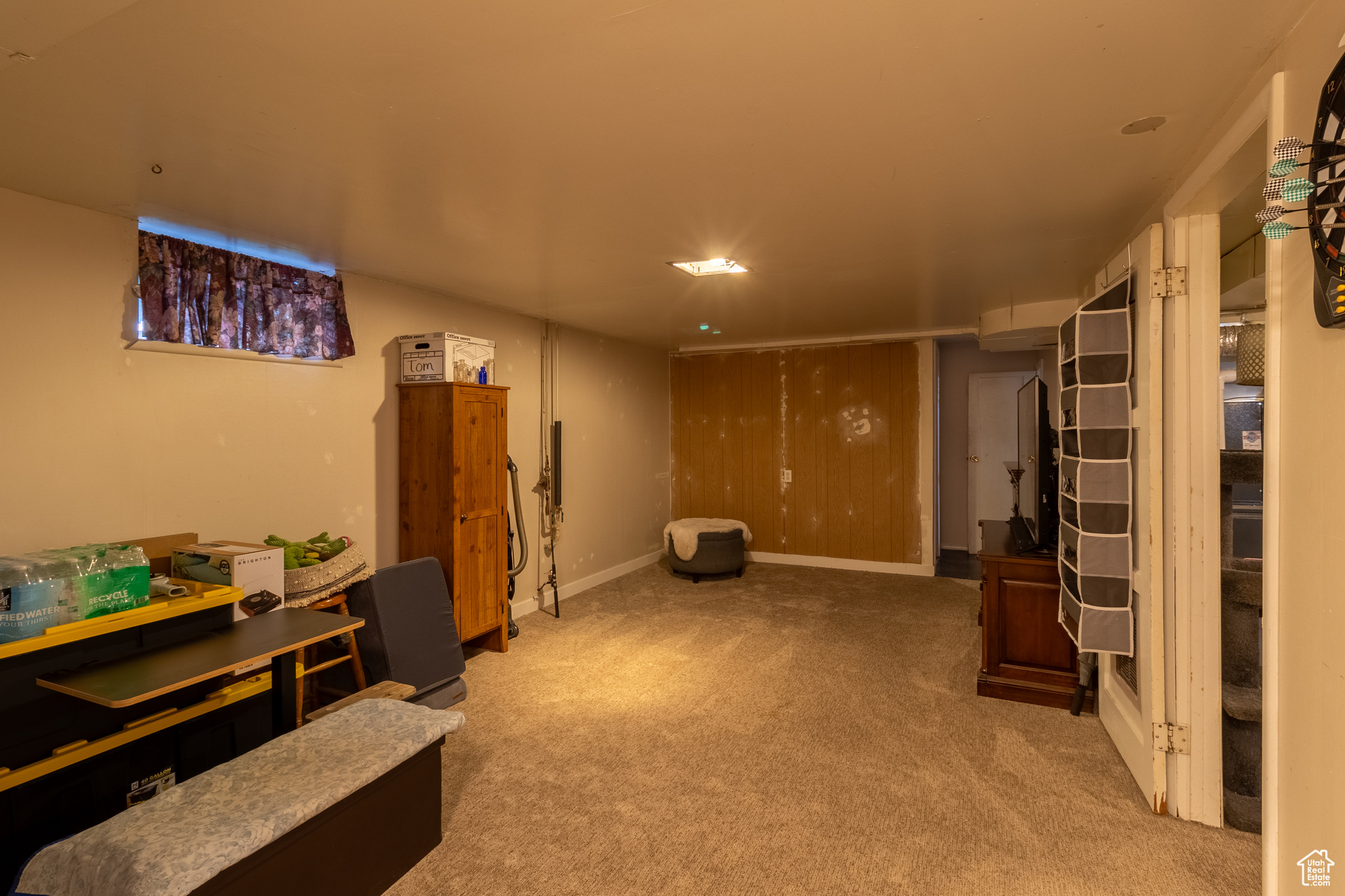 Basement featuring light carpet