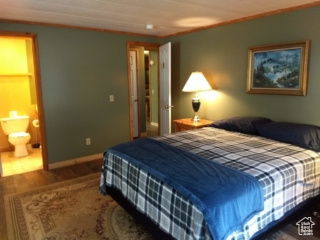 Bedroom featuring ensuite bathroom and wood-type flooring