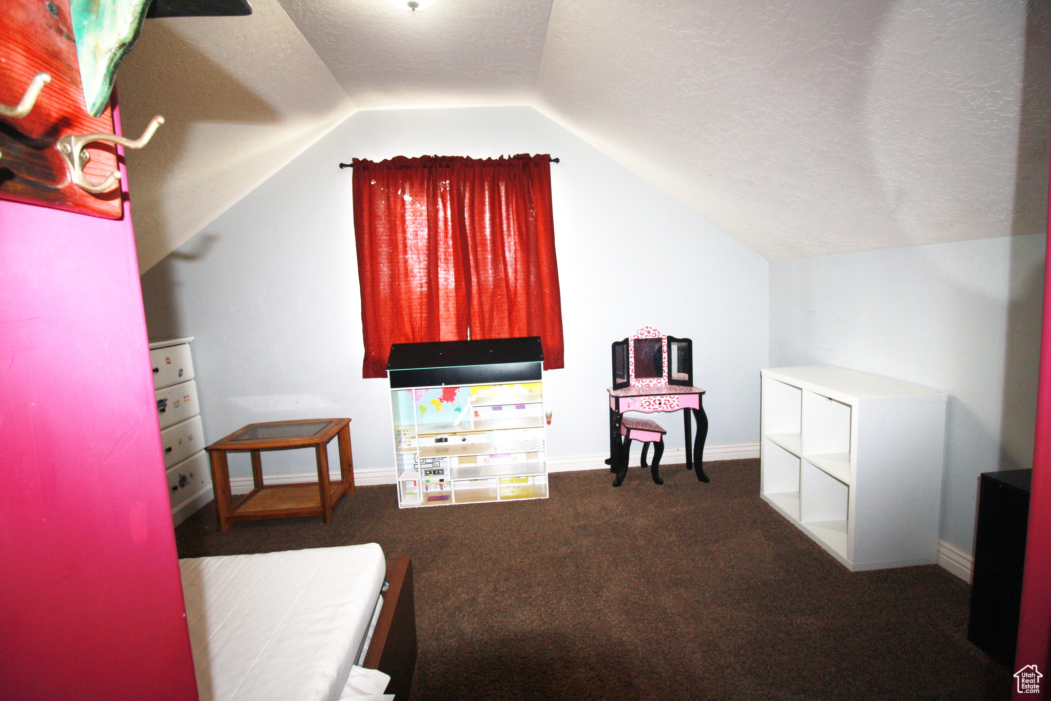 Bedroom 4, Interior space featuring vaulted ceiling and a textured ceiling