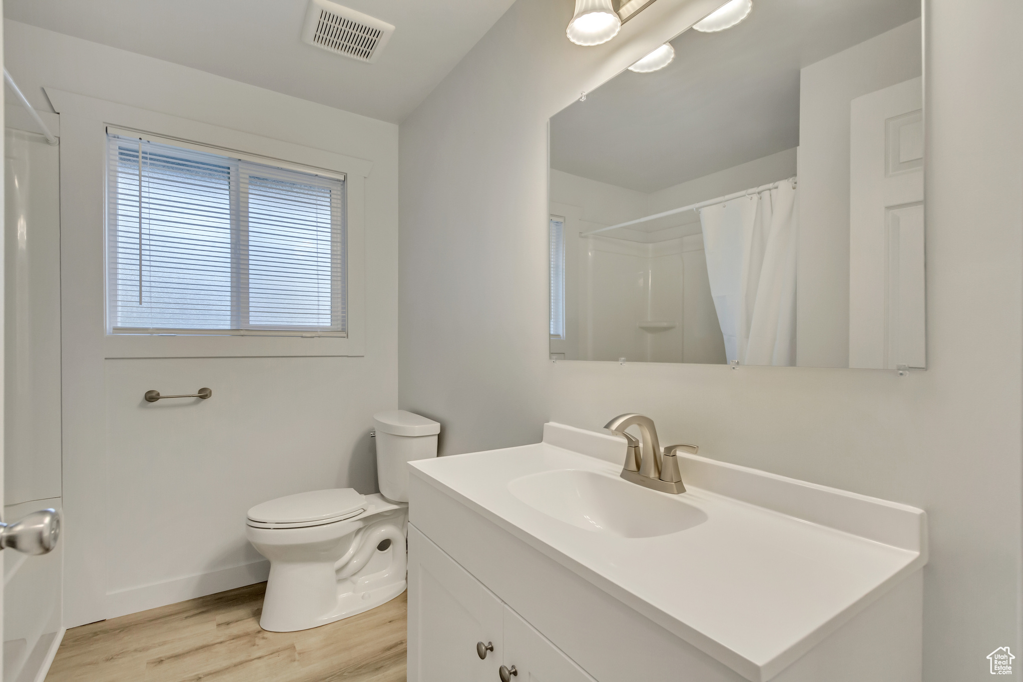 Bathroom with vanity, hardwood / wood-style floors, a shower with shower curtain, and toilet