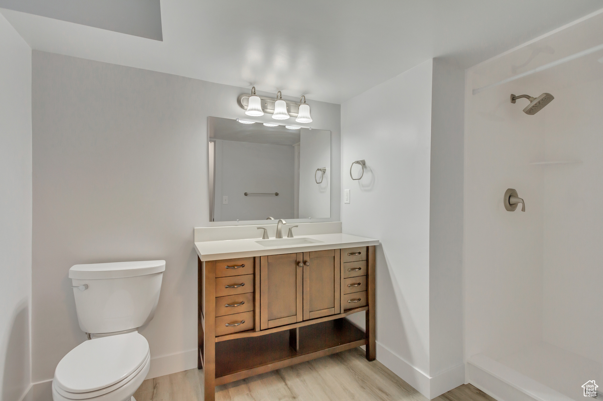 Bathroom featuring vanity, a shower, hardwood / wood-style flooring, and toilet