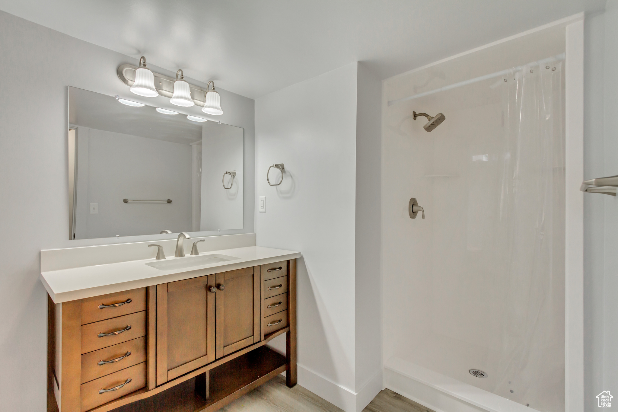 Bathroom with vanity, walk in shower, and hardwood / wood-style flooring