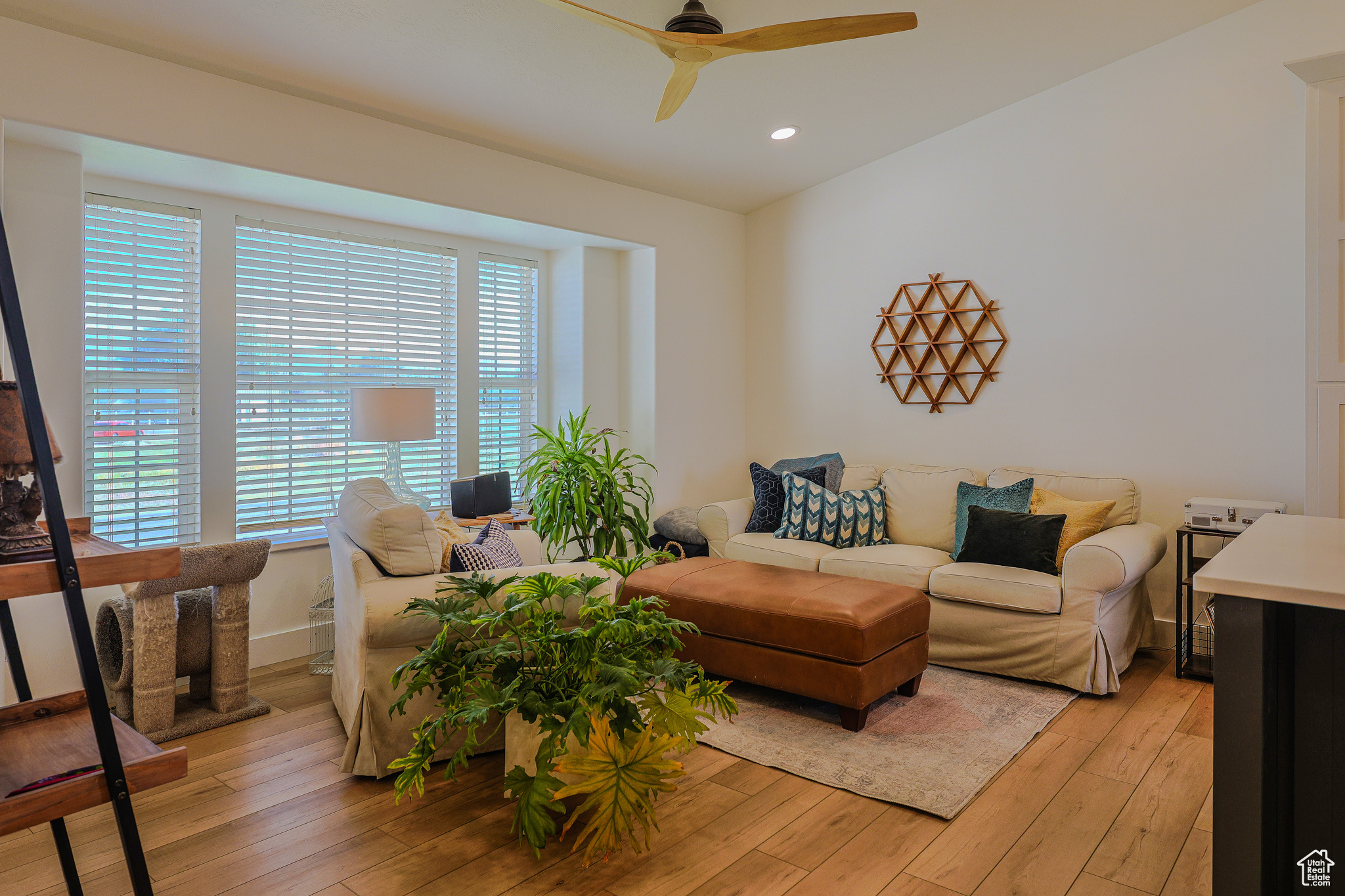 Living room featuring ceiling fan, a healthy amount of sunlight, and light wood-type flooring