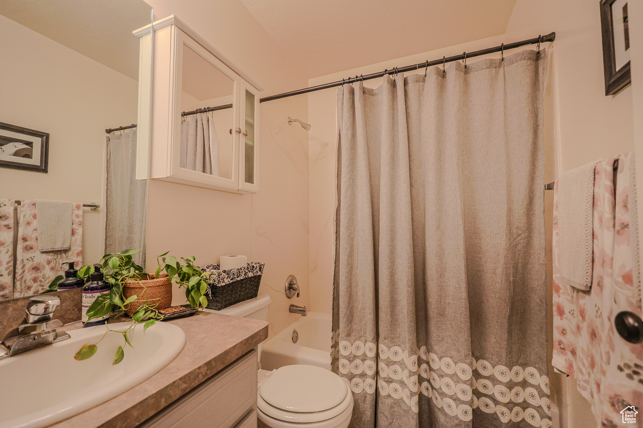 Full bathroom featuring vanity, toilet, and shower / bath combination with curtain