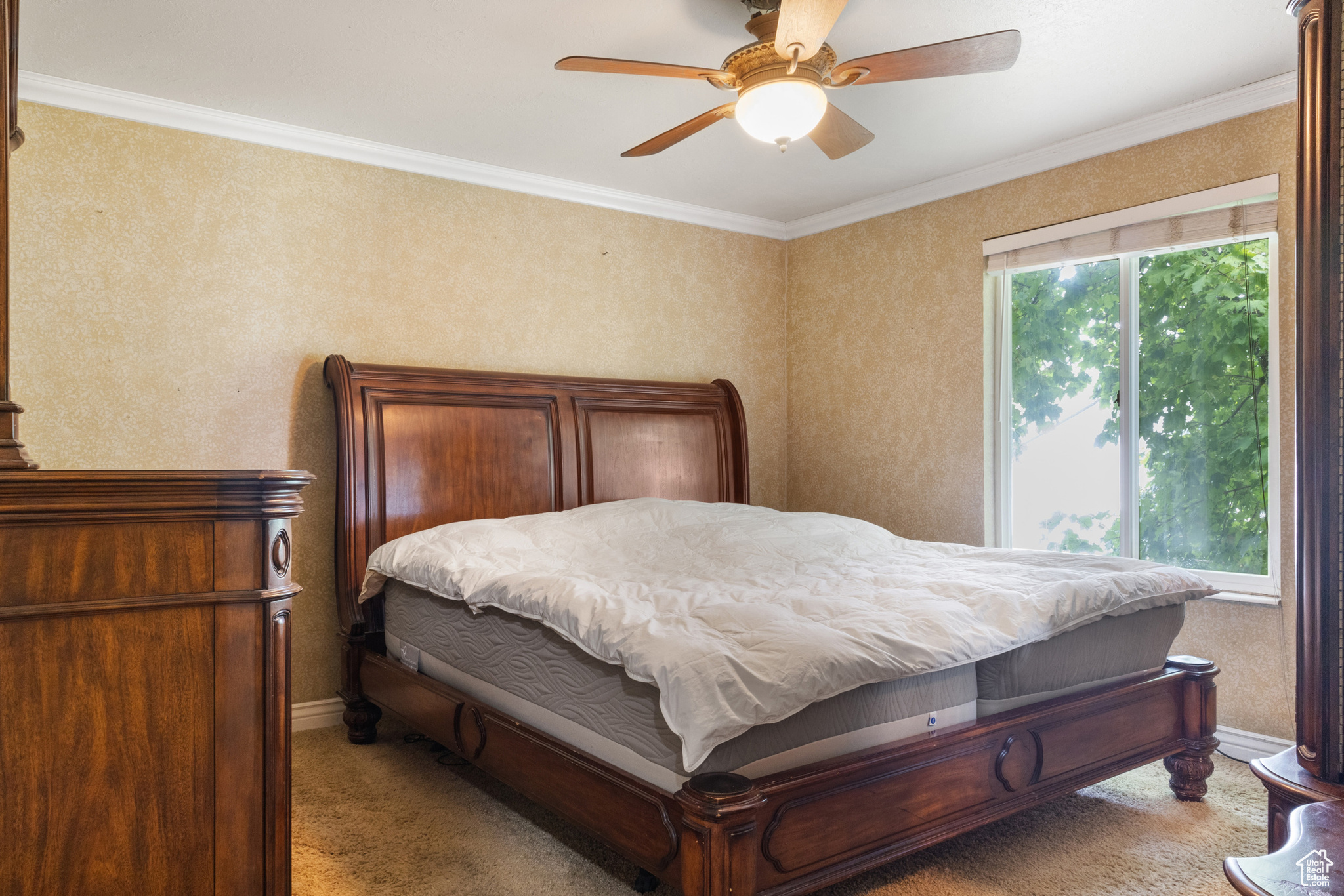 Primary Bedroom featuring crown molding and ceiling fan