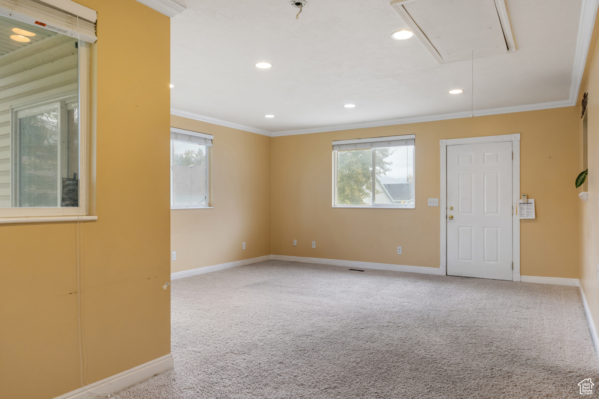 Family room with crown molding and carpet flooring