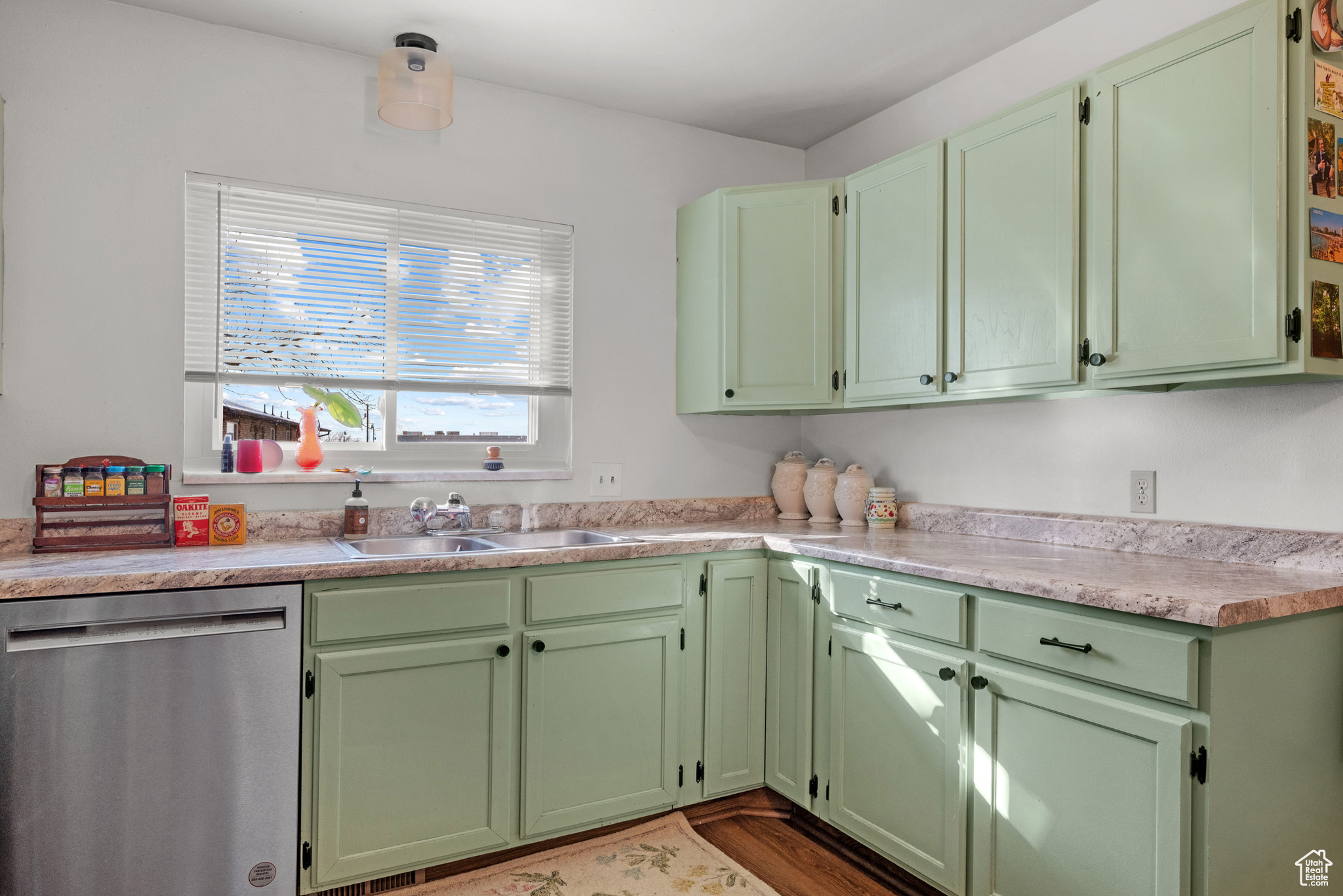 Kitchen featuring green cabinets, dishwasher, sink, and hardwood / wood-style floors