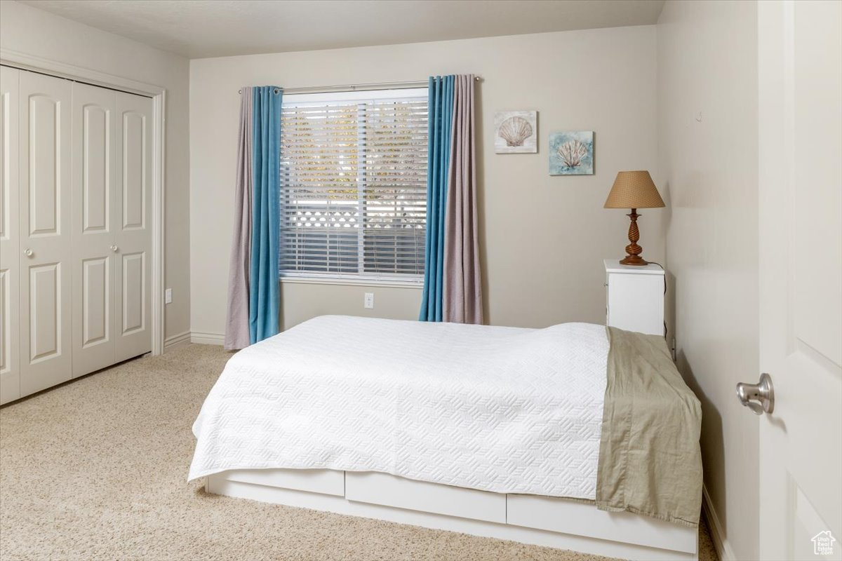 Carpeted bedroom with a closet