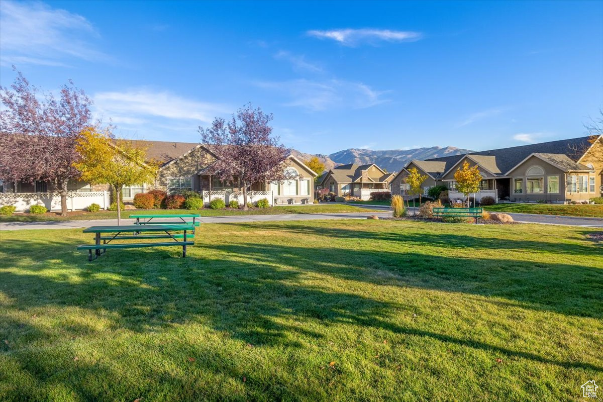 View of community featuring a yard and a mountain view