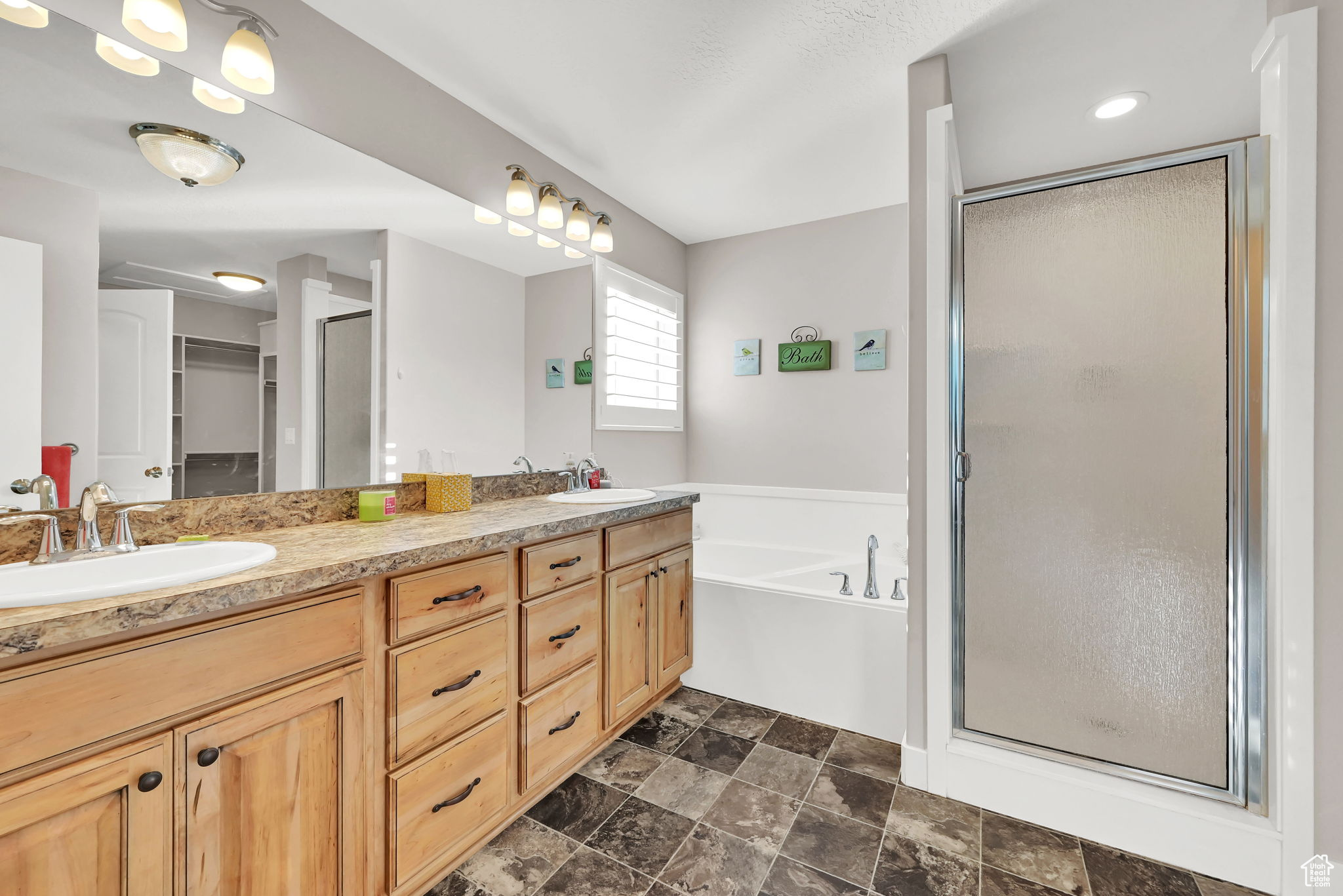 Bathroom with vanity and shower with separate bathtub