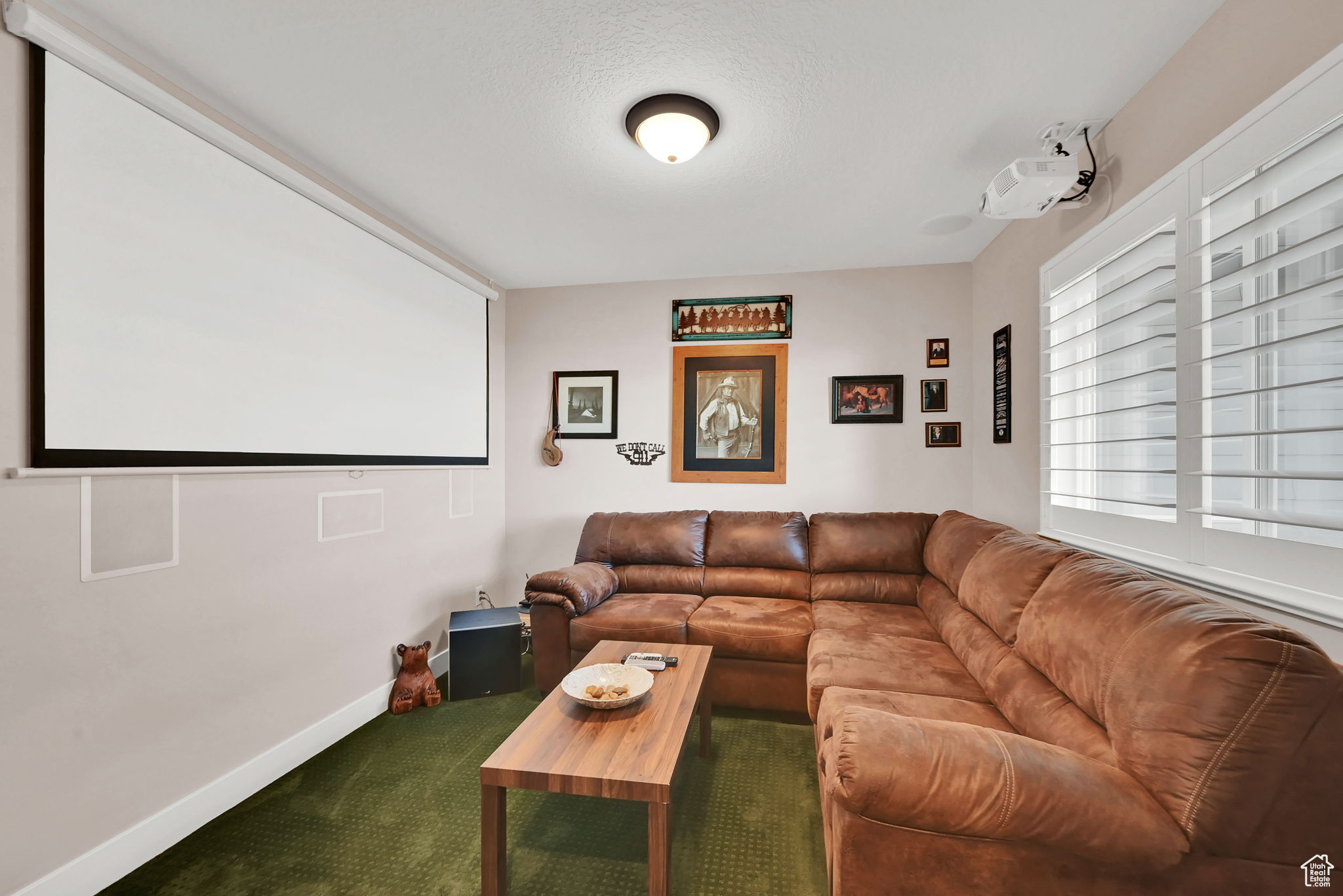 Carpeted cinema featuring a textured ceiling