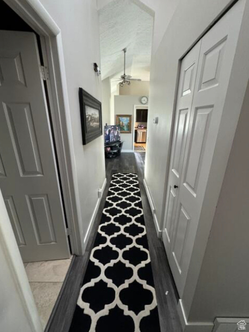 Hallway featuring vaulted ceiling and dark hardwood / wood-style flooring