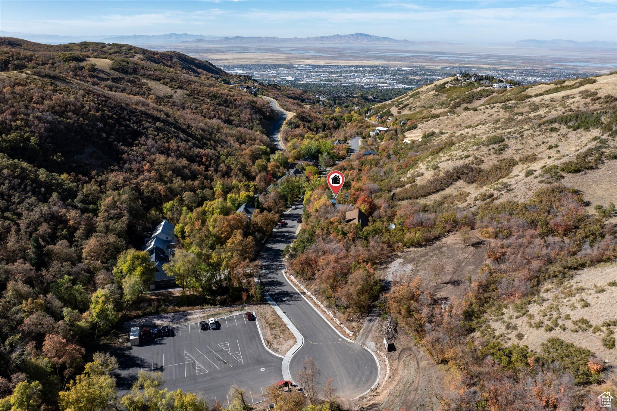 Drone / aerial view of Trail Head with Home Location Marked.