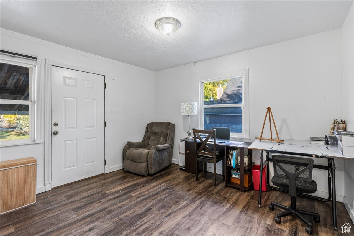 Office with dark hardwood / wood-style floors and a textured ceiling