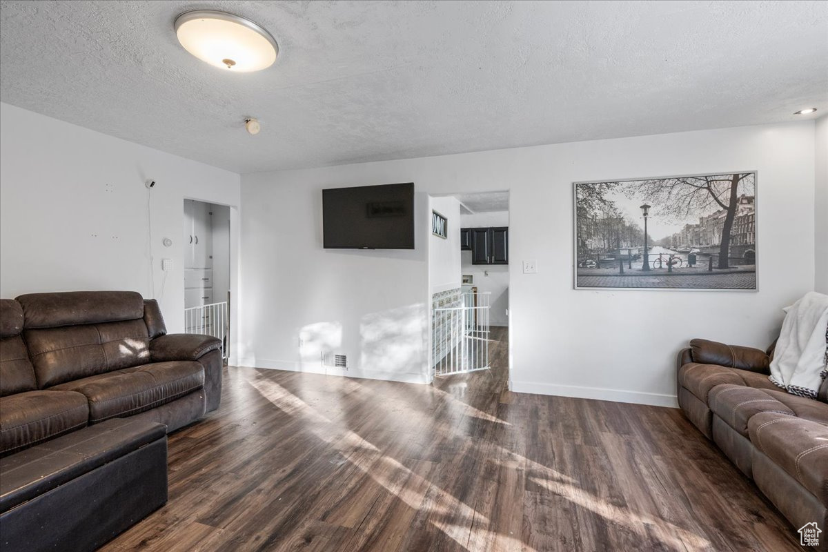 Living room with a textured ceiling and dark hardwood / wood-style floors