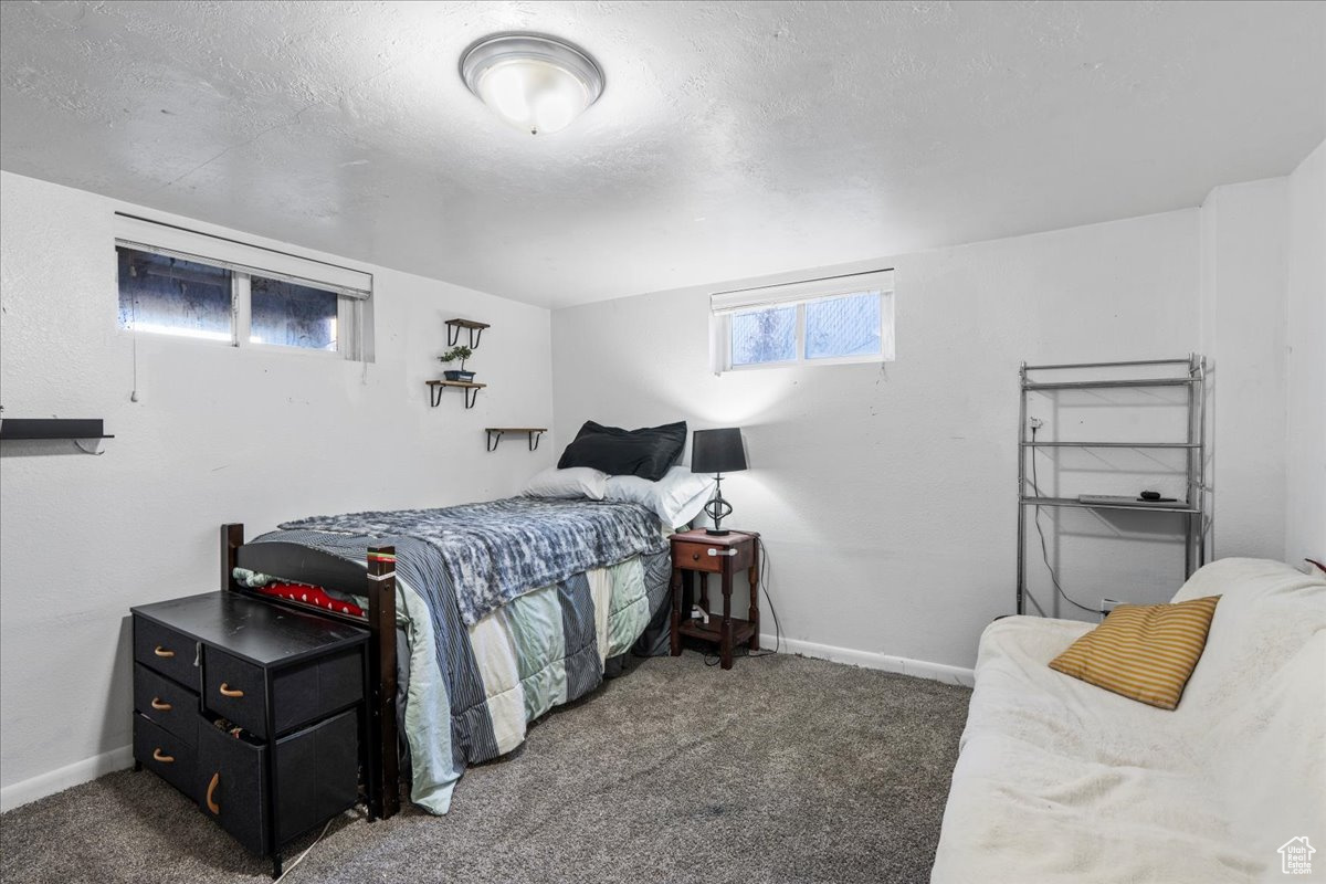 Bedroom with dark colored carpet