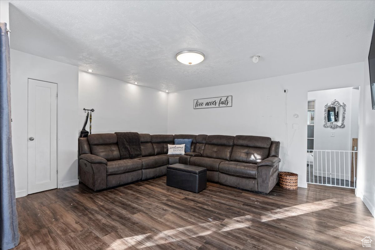 Living room featuring a textured ceiling and dark wood-type flooring