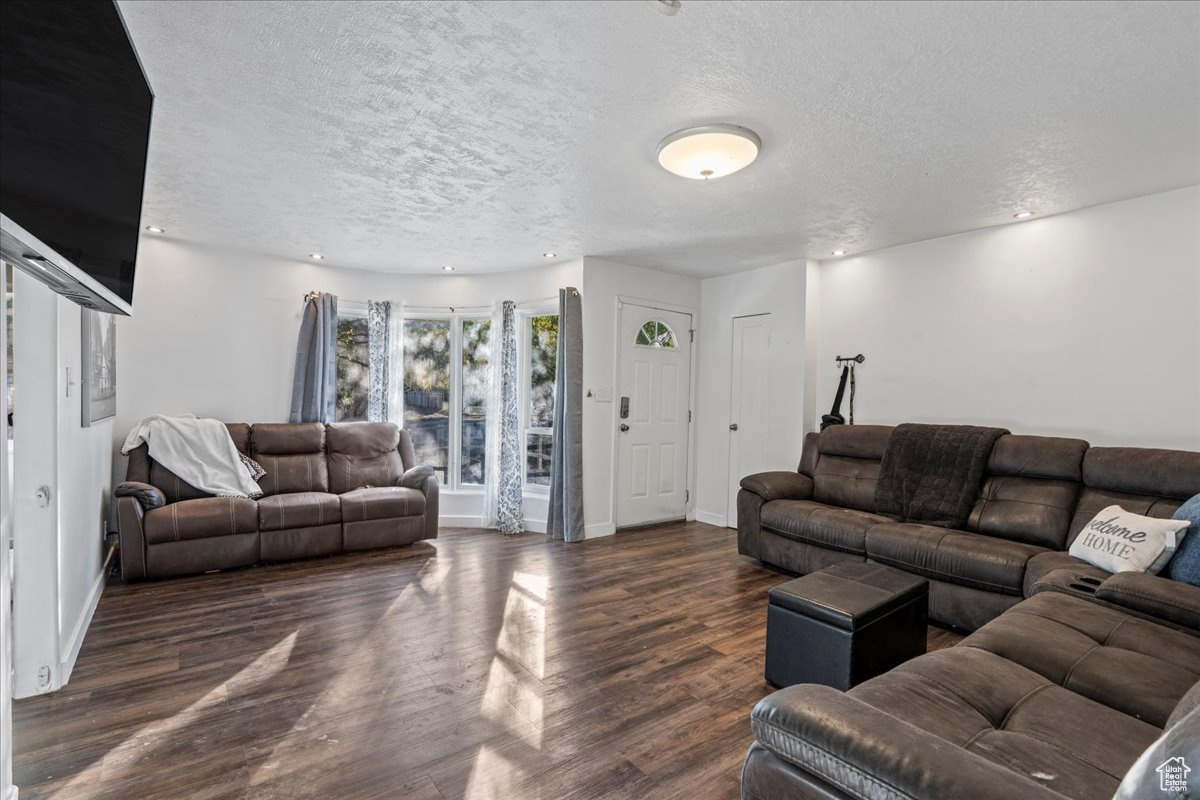 Living room with a textured ceiling and dark hardwood / wood-style flooring