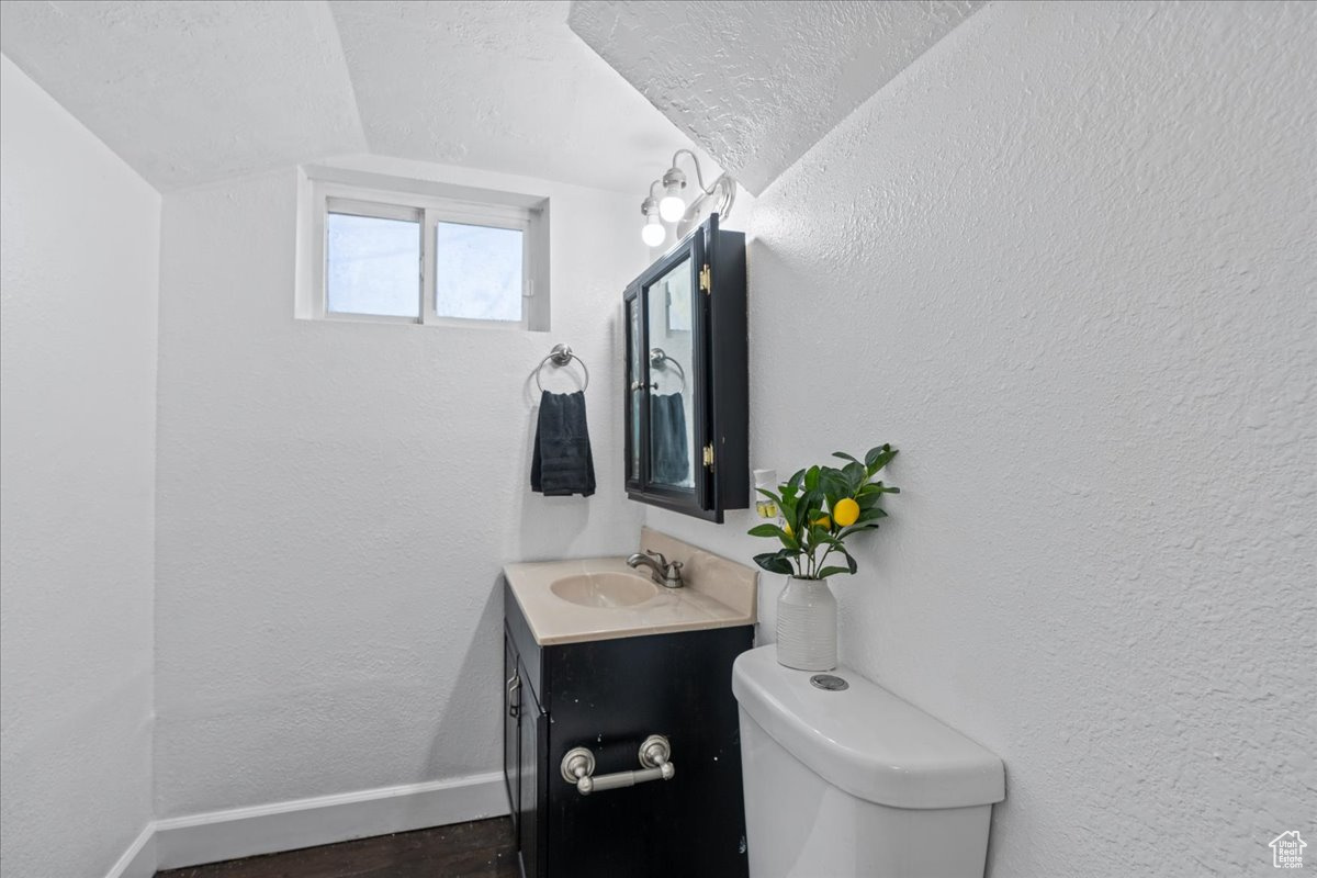 Bathroom with lofted ceiling, a textured ceiling, hardwood / wood-style flooring, toilet, and vanity