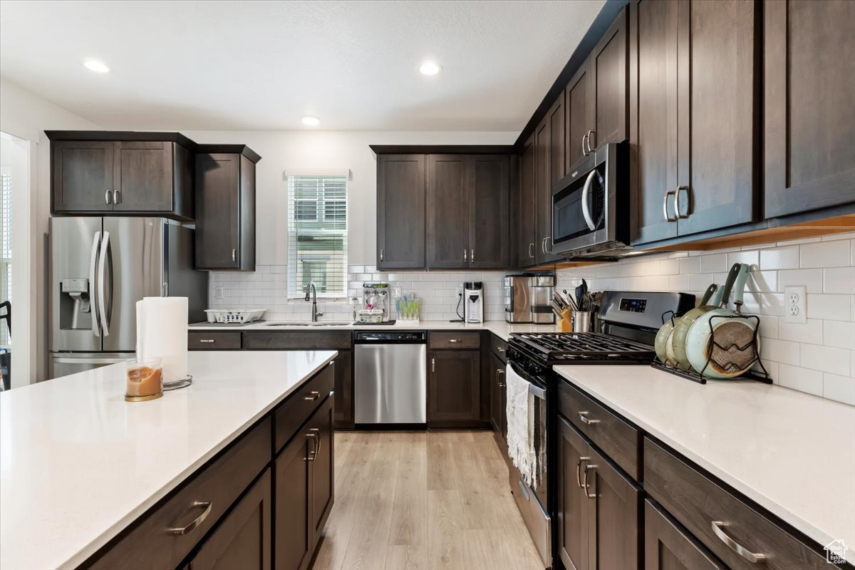 Kitchen featuring decorative backsplash, appliances with stainless steel finishes, light hardwood / wood-style flooring, dark brown cabinetry, and sink