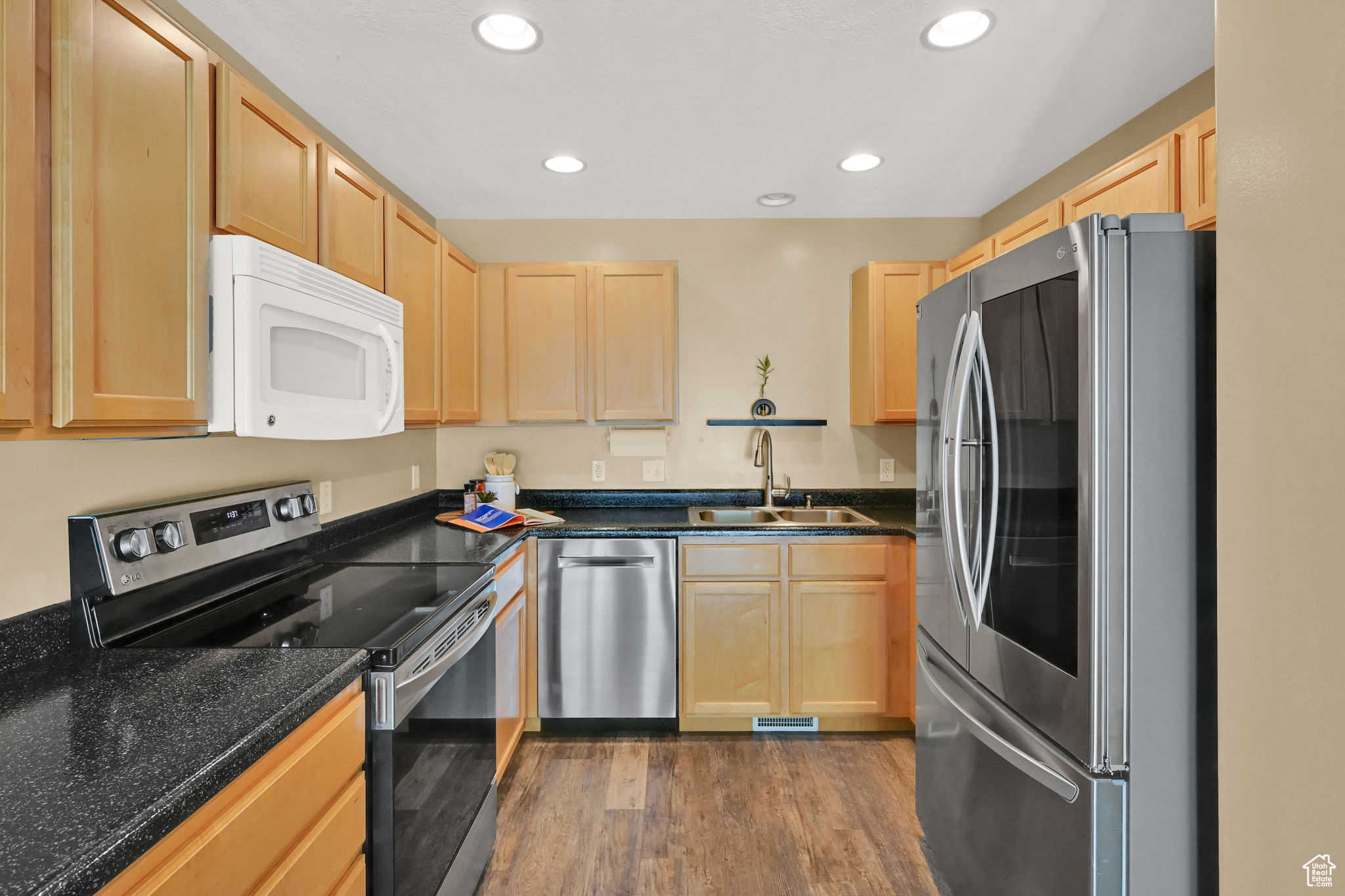 Kitchen featuring light brown cabinetry, sink, stainless steel appliances, and dark hardwood / wood-style flooring