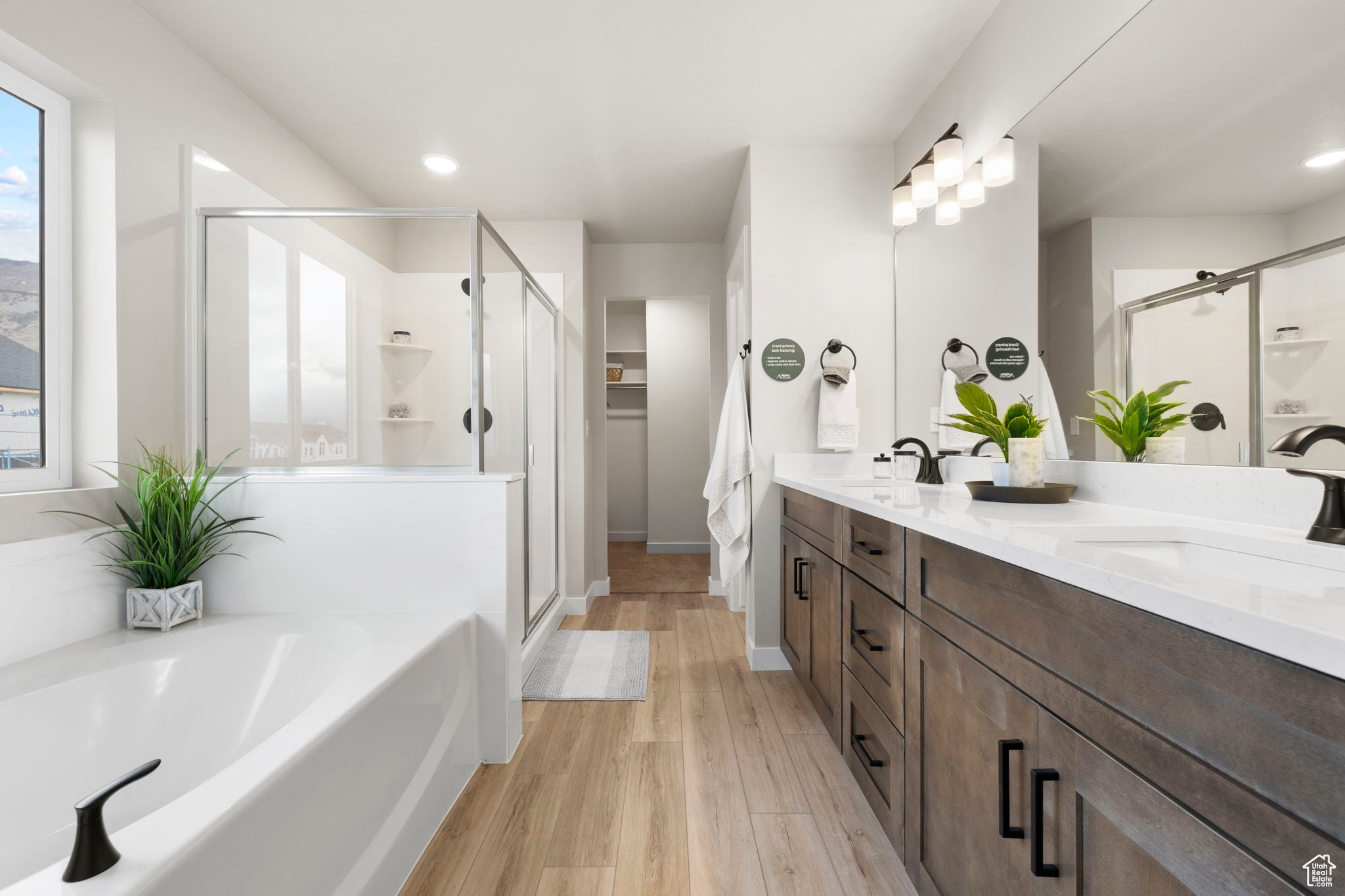 Bathroom with vanity, hardwood / wood-style floors, and shower with separate bathtub