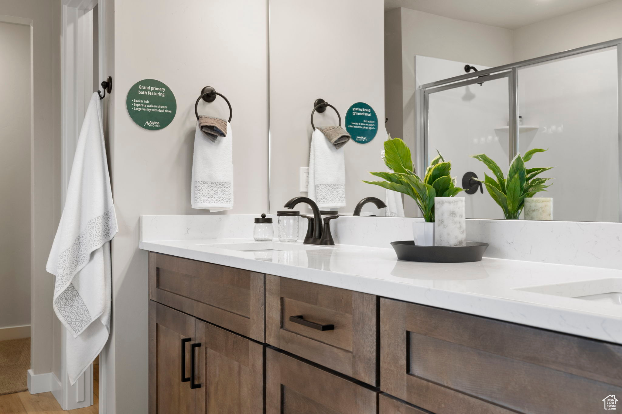 Bathroom with vanity, hardwood / wood-style floors, and walk in shower