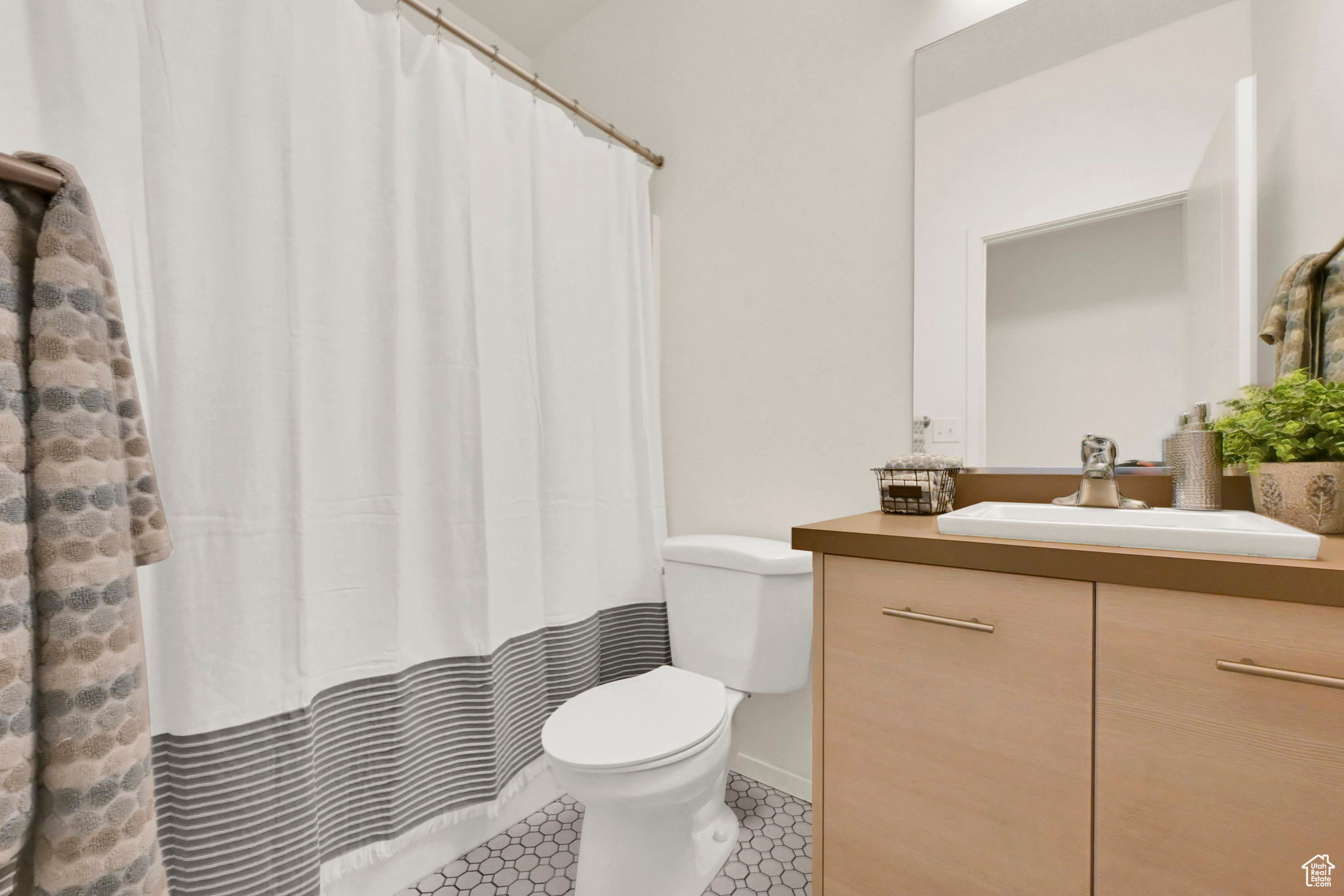 Hall Bathroom featuring vanity, a shower with curtain, and toilet