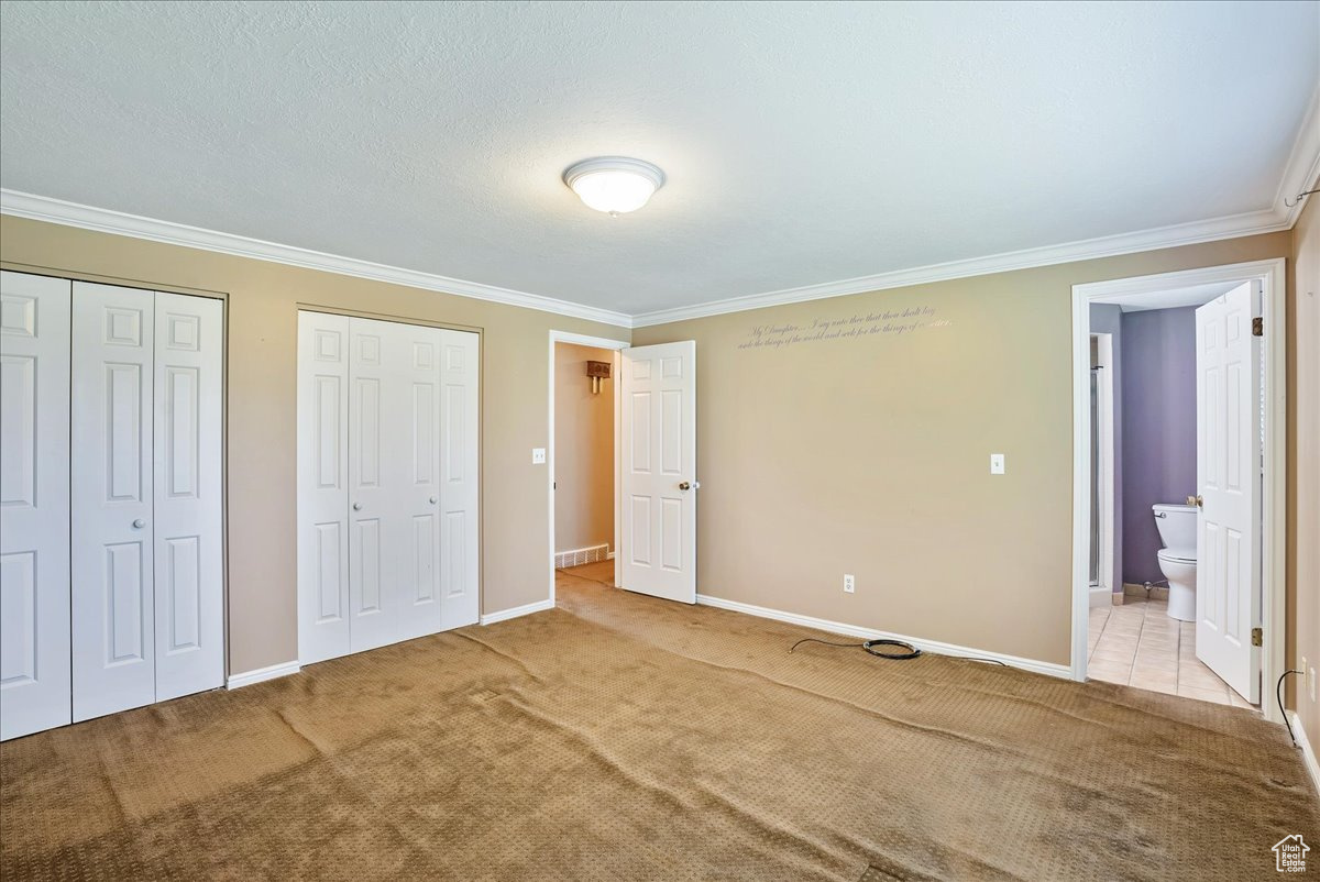 Unfurnished bedroom with crown molding, a textured ceiling, ensuite bath, and light colored carpet