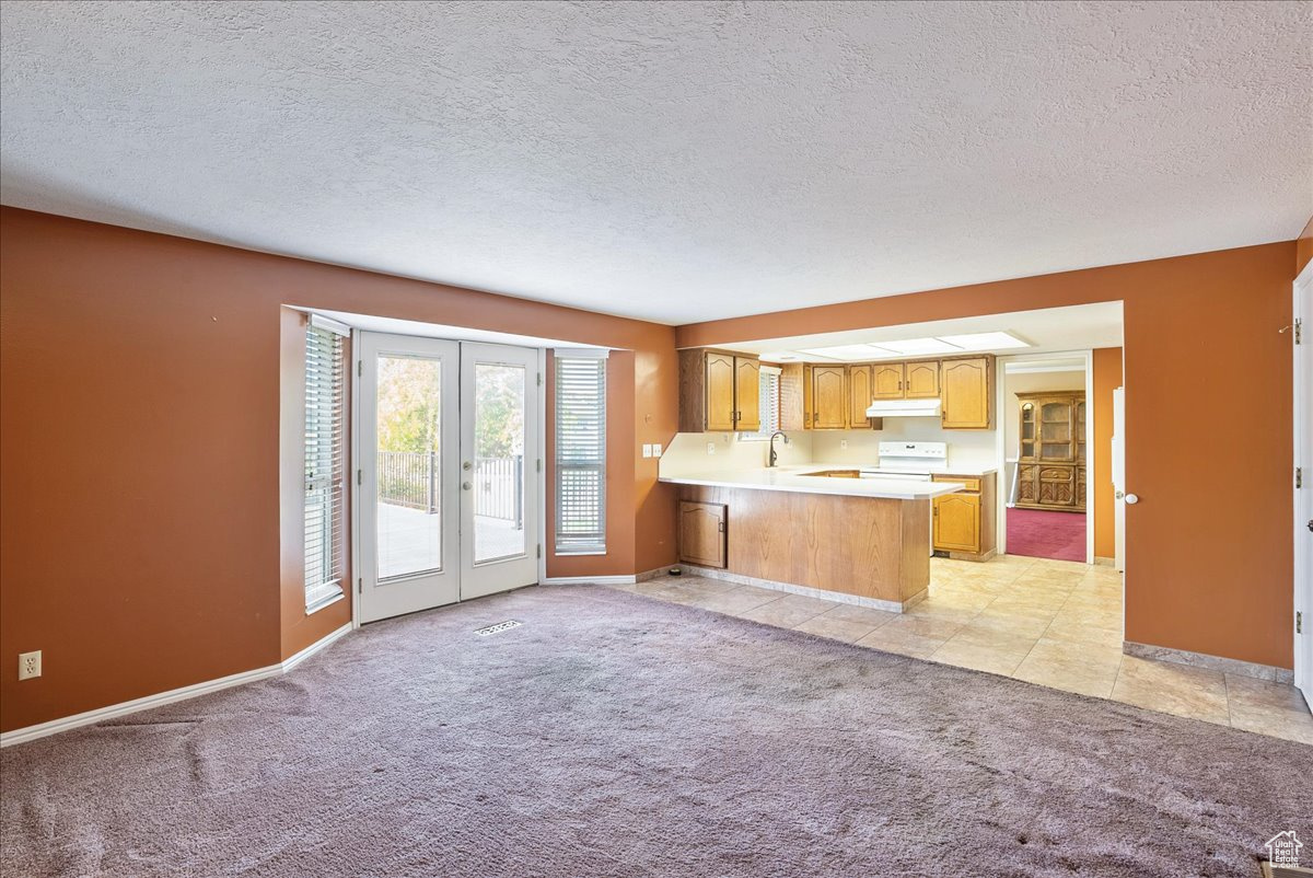 Unfurnished living room with sink, light carpet, and a textured ceiling