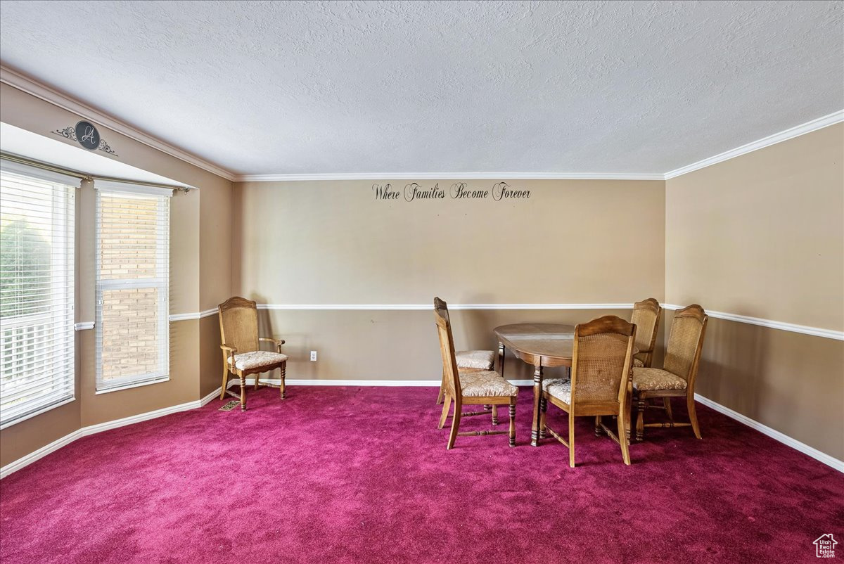 Dining area featuring crown molding, a textured ceiling, and carpet flooring