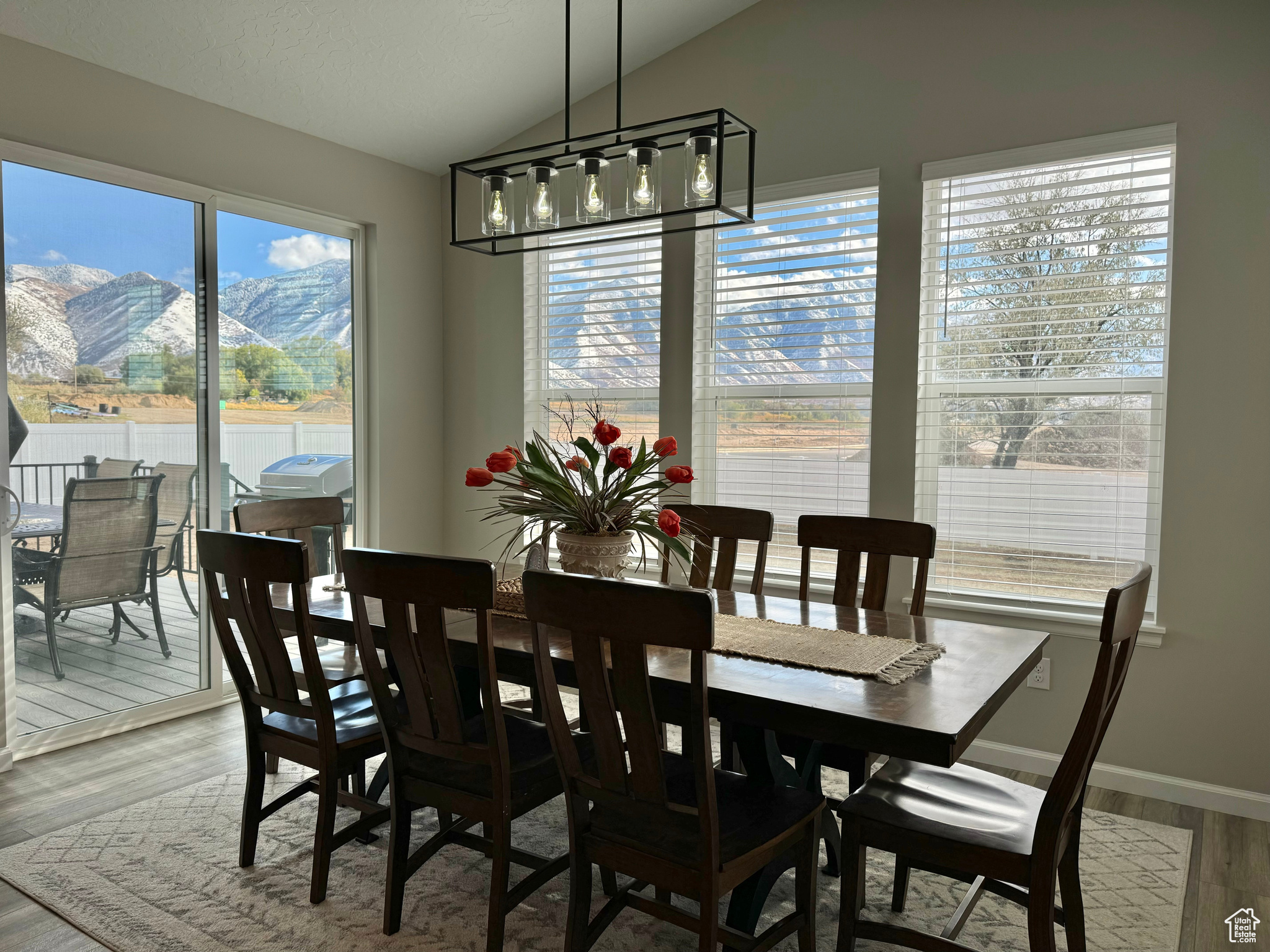 Dining/Sun Room with a mountain view, wood-type flooring, a wealth of natural light, and vaulted ceiling