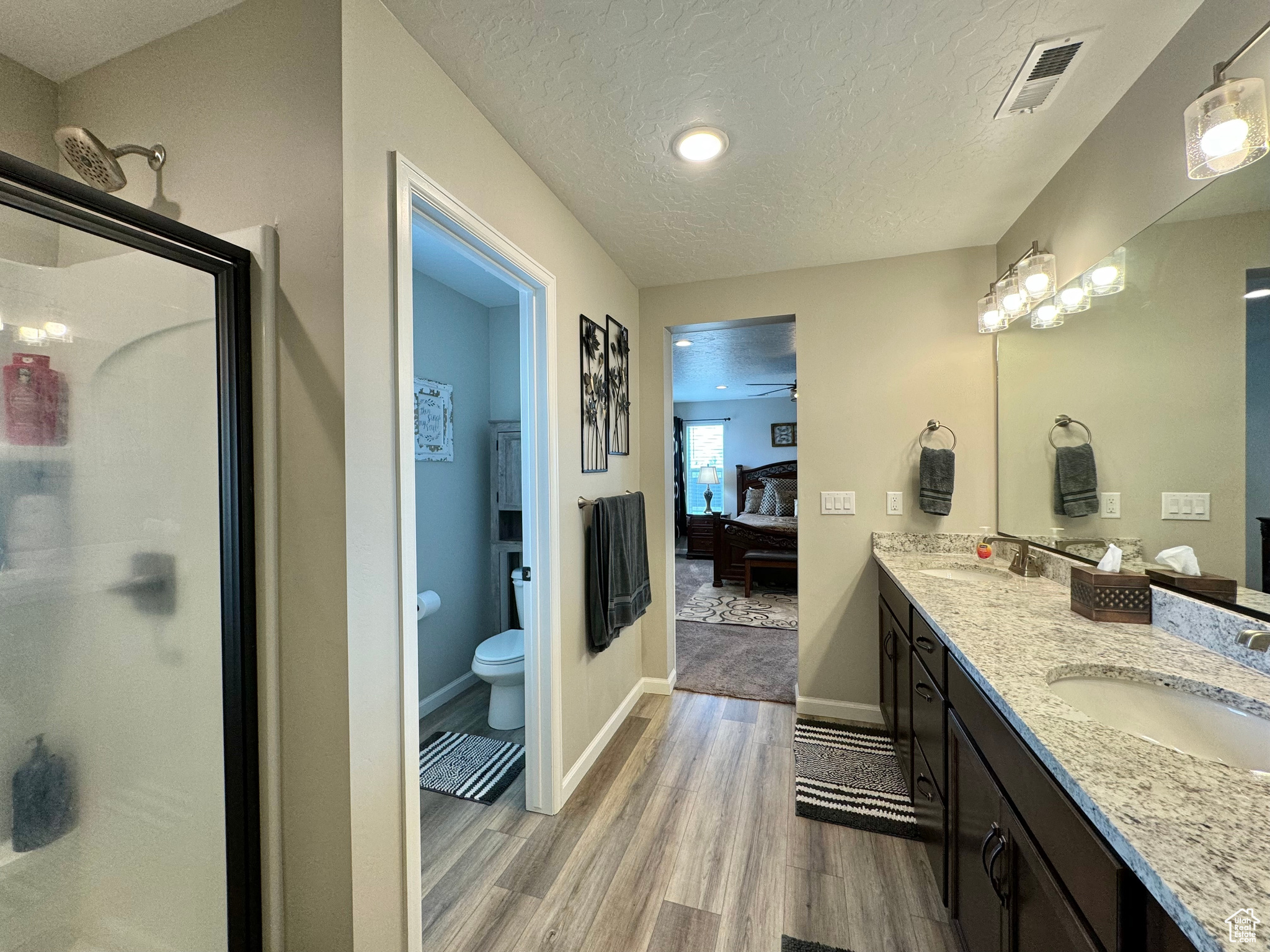 Master Bathroom with a shower and toilet room, wood-type flooring, a textured ceiling, toilet, and vanity