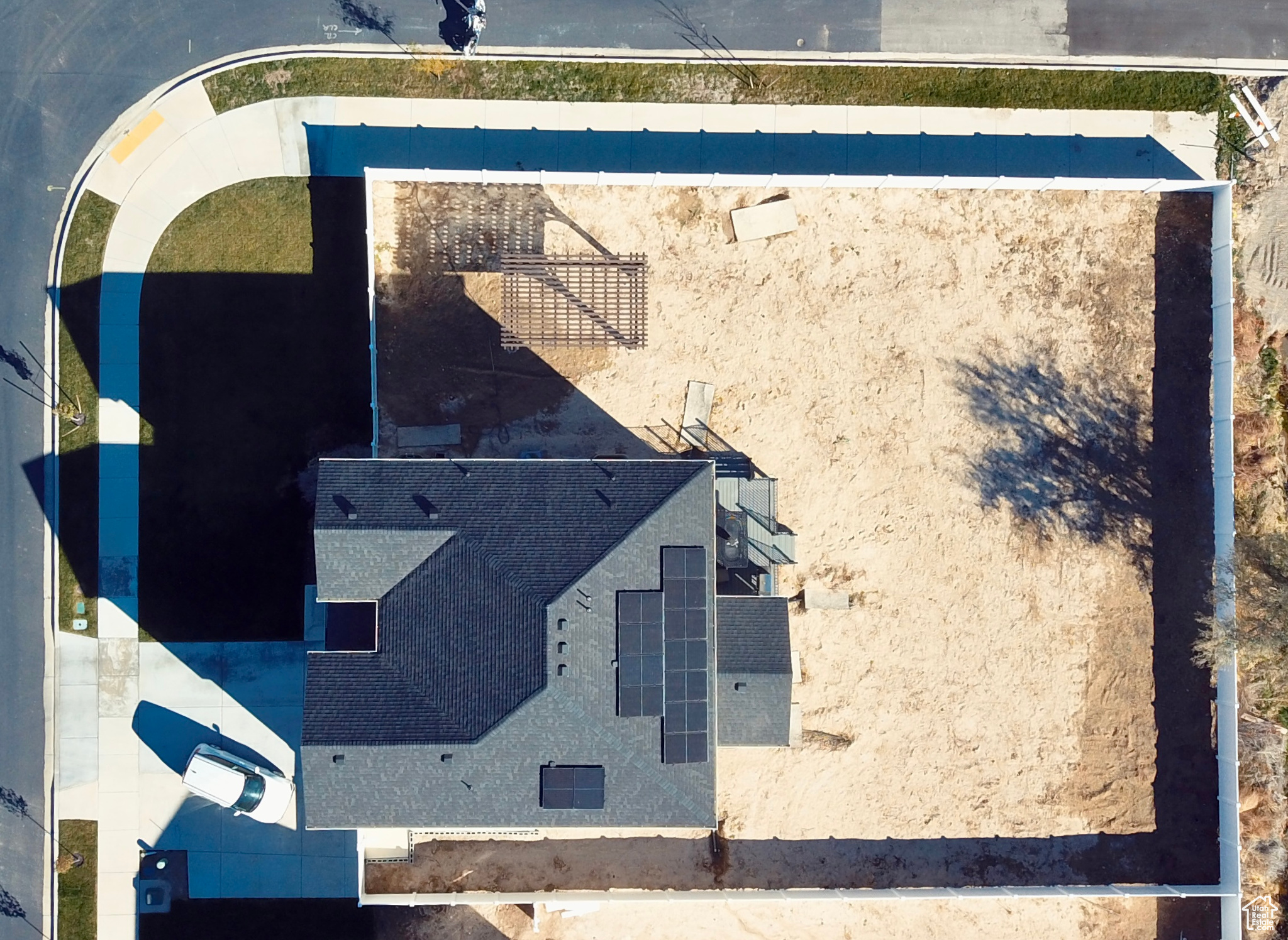 Drone / aerial view of quarter acre lot. Plenty of room in backyard for RV, swimming pool, extra garage with Grandma Pad on top, etc.