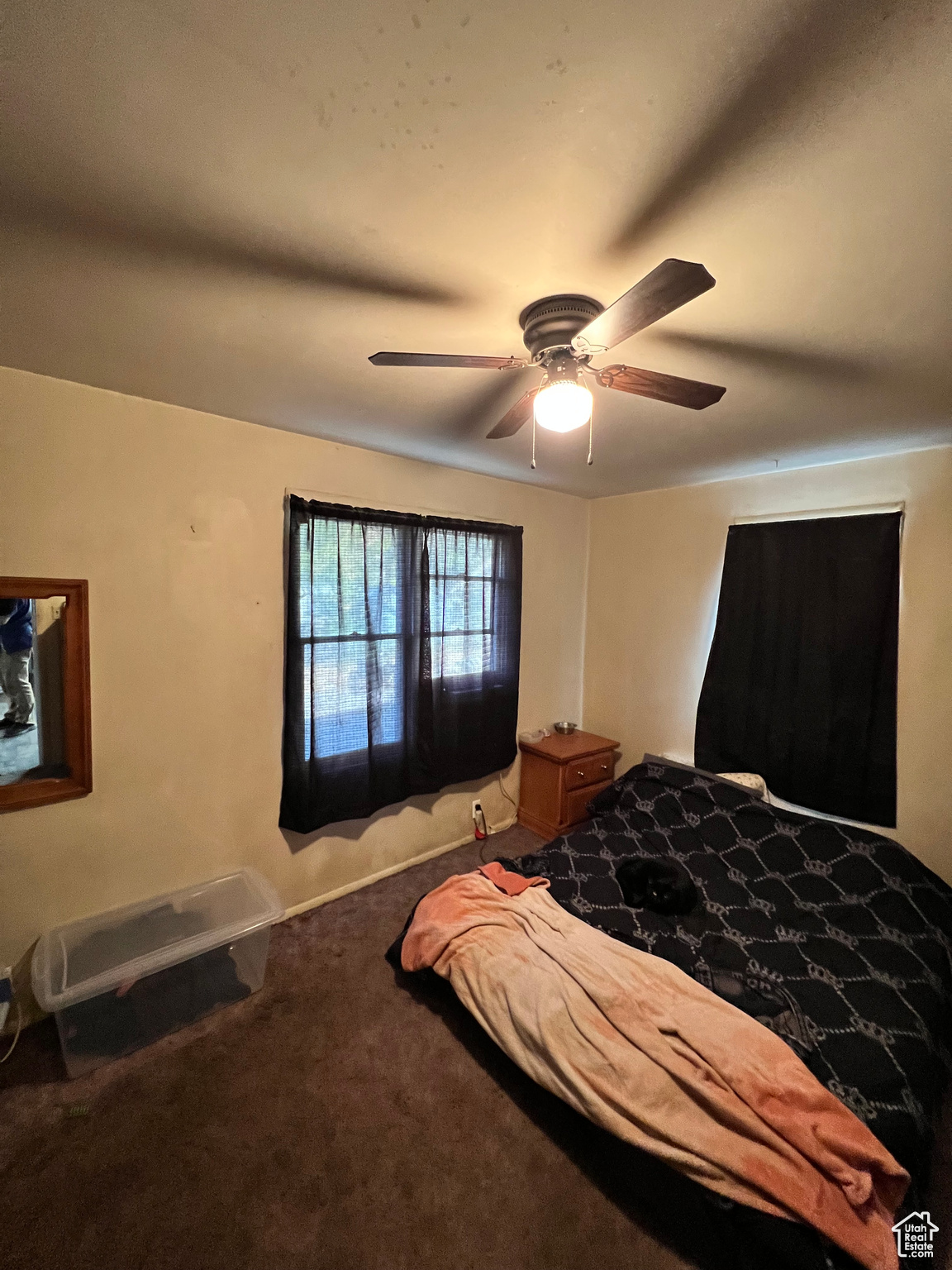 Bedroom with ceiling fan and carpet floors