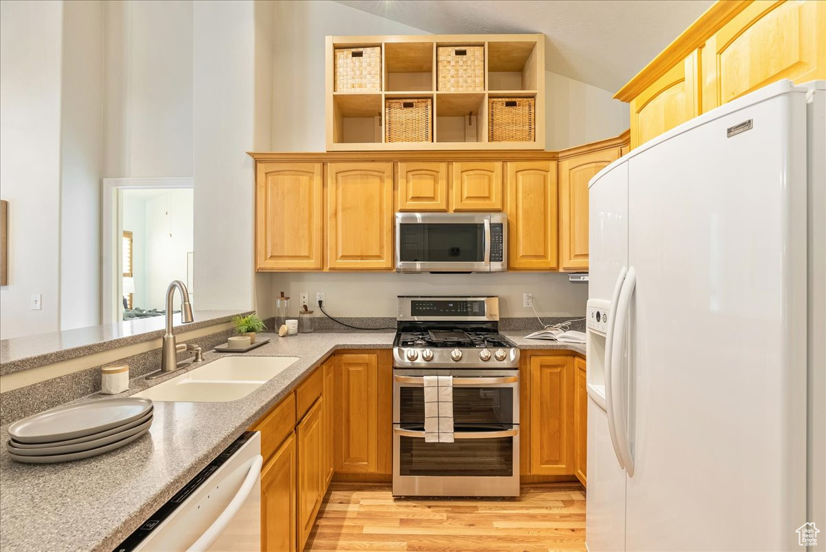 Kitchen featuring light hardwood / wood-style flooring, stainless steel appliances, sink, and light brown cabinetry