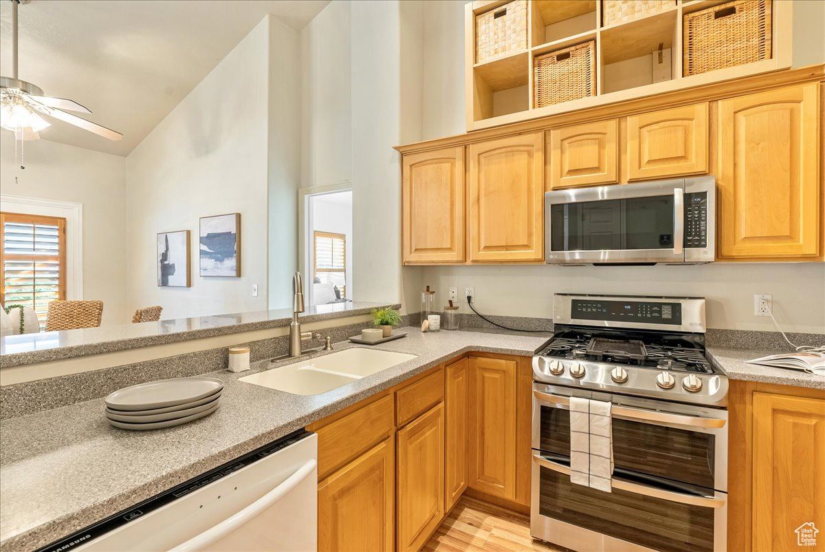 Kitchen with lofted ceiling, ceiling fan, appliances with stainless steel finishes, light hardwood / wood-style floors, and sink