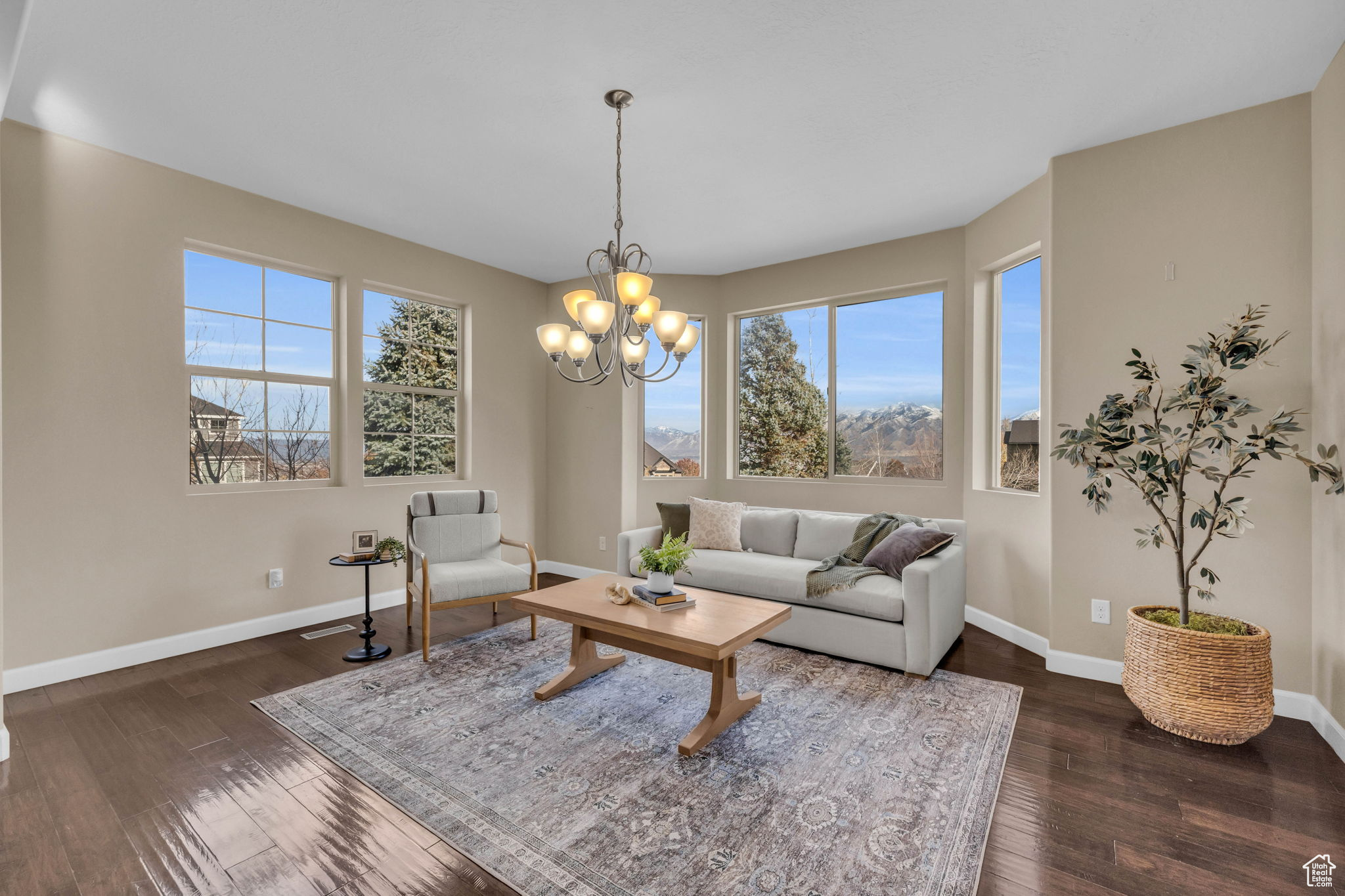 Living room with dark hardwood / wood-style flooring, a chandelier, and plenty of natural light