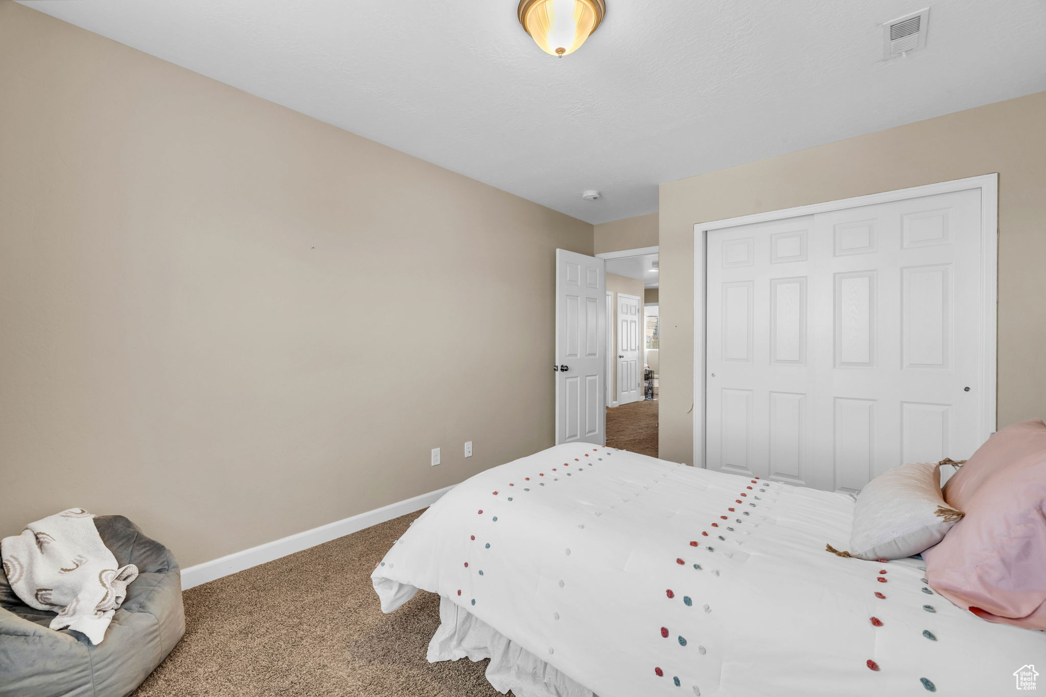 Carpeted bedroom featuring a closet