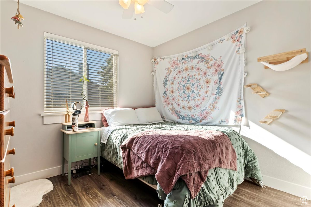 Bedroom featuring dark hardwood / wood-style floors and ceiling fan