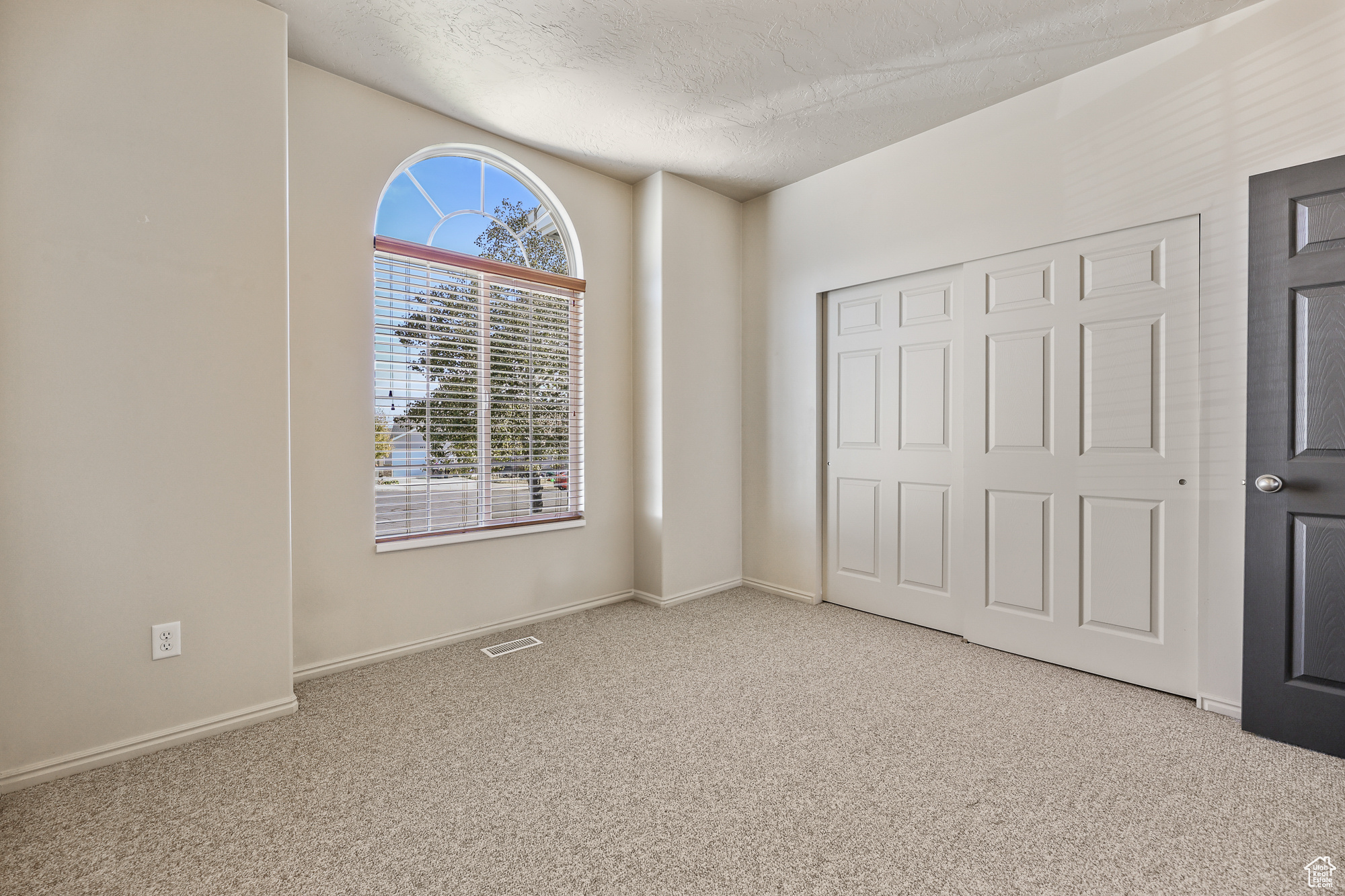 Unfurnished bedroom with a closet, light carpet, and a textured ceiling