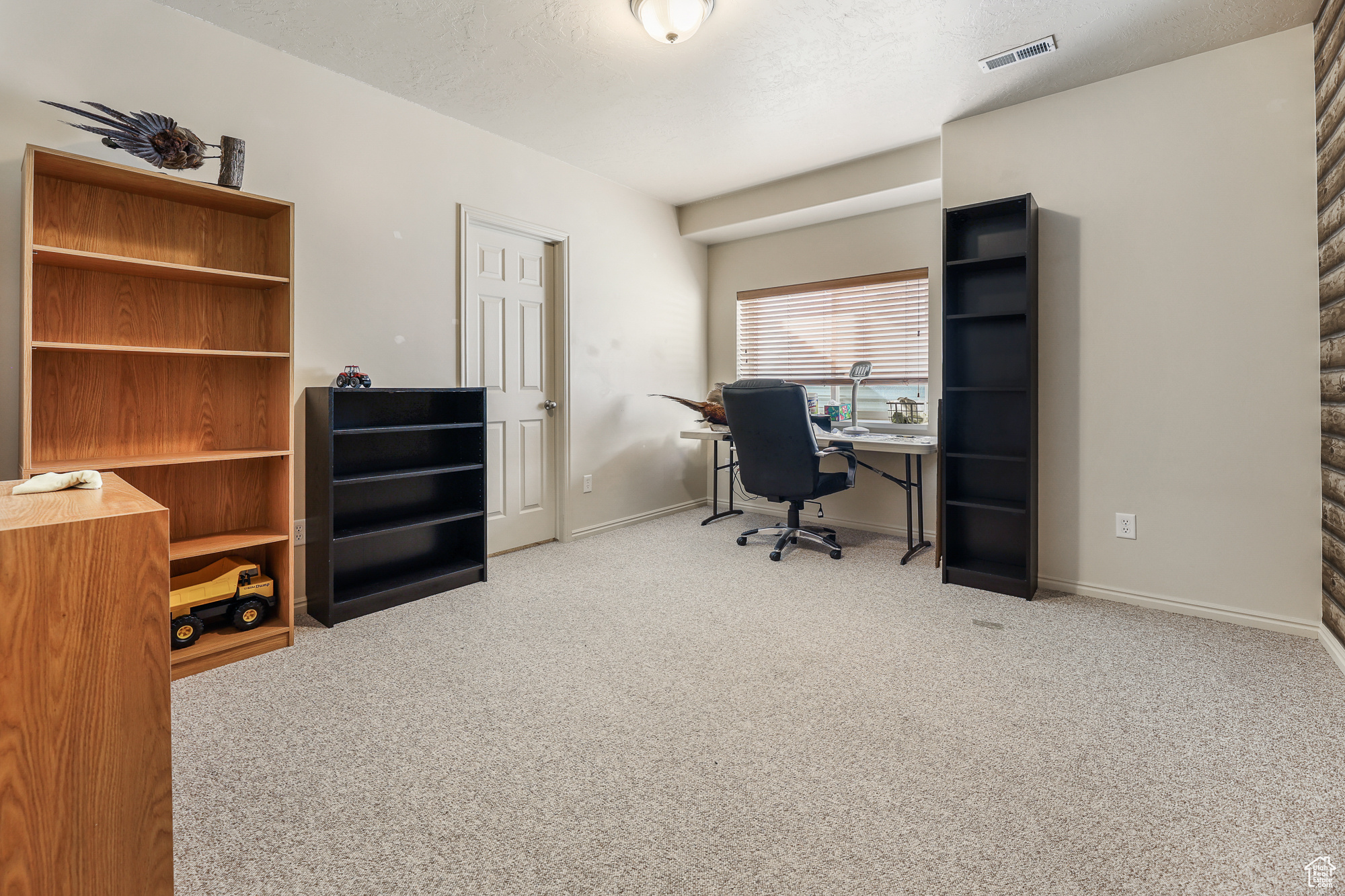 Carpeted office featuring a textured ceiling