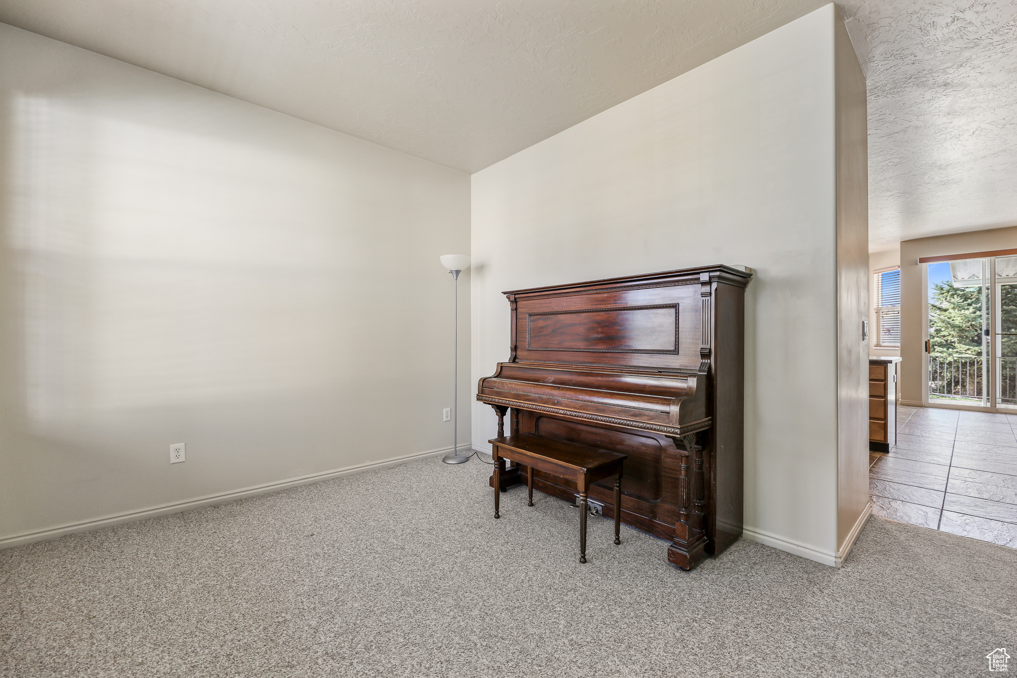 Miscellaneous room with a textured ceiling and light colored carpet