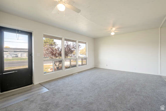 Living room with ceiling fan and carpet flooring