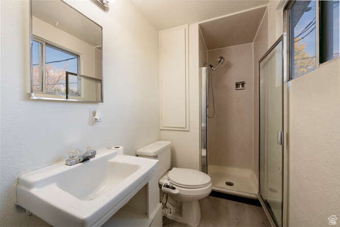 Primary bathroom featuring sink, wood-type flooring, toilet, and walk in shower