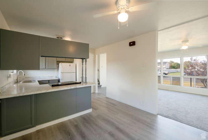 Kitchen with kitchen peninsula, sink, white fridge, light wood-style laminate floors, and ceiling fan