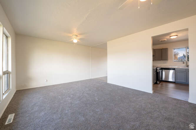 Living room featuring grey carpet, ceiling fan, and plenty of natural light